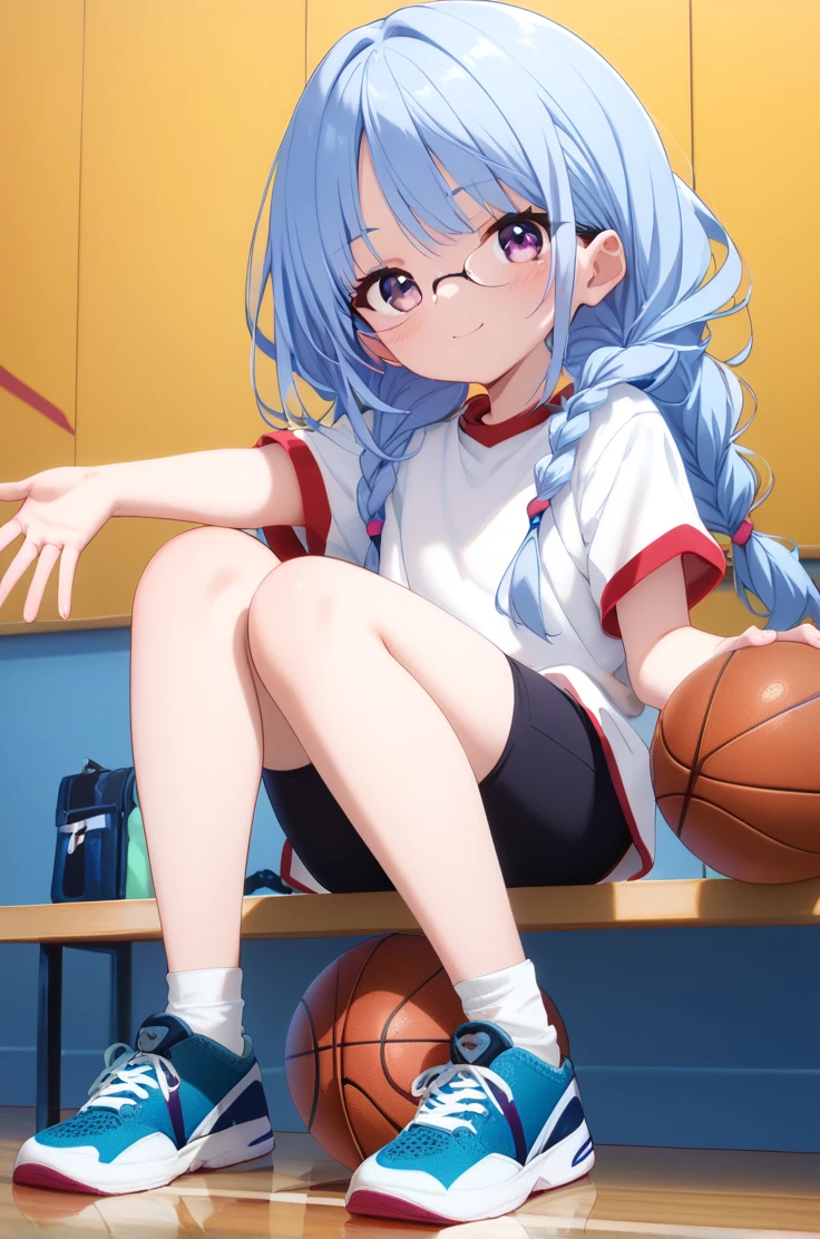 score_9, score_8_up, score_7_up, source_anime,
simple background, blurry background,
cowboy shot, light smile, standing, lookging at viewer, blush,
holding basketball,
<lora:nagatsukaSaki_v01:0.95>
glasses, blue hair, long hair, twin braids, white shirt, bike shorts, sneakers, white socks, bangs, short sleeves, full body, sitting, holding basketball, sakiBase, purple eyes, zPDXL
