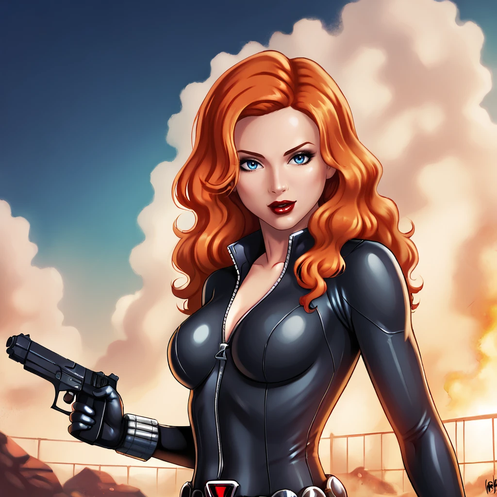 <lora:blackwidowmarvel_pony_v1:.8>  blackwidow, 1girl, bodysuit, medium breasts, long hair, orange hair, lipstick, makeup, red lips, blue eyes, wavy hair