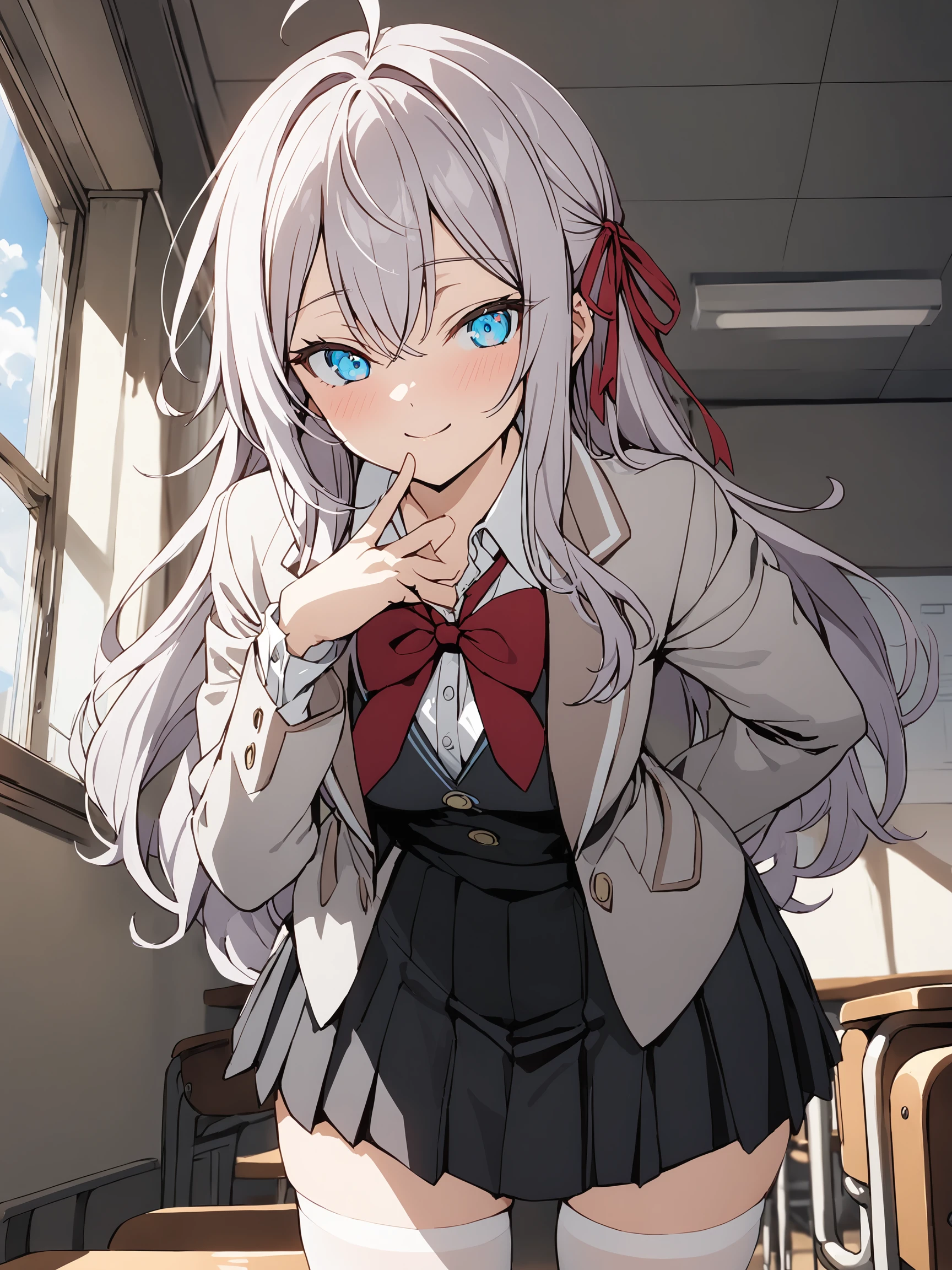 alya_imoto, blue eyes, white hair, long hair, hair ribbon, red ribbon, ahoge,
1girl, solo, full body, looking at viewer, cowboy shot, indoors, classroom, windows, blue sky, inviting, light smile,
leaning forward, arms at back, hand to mouth, school uniform, grey jacket, open jacket, long sleeves,
red bow, white shirt, collared shirt, black vest, button, black dress, white thighhighs,
best quality, masterpiece,
<lora:hinaAlyaMashaYuki_sdxl_wifu_v1:1>