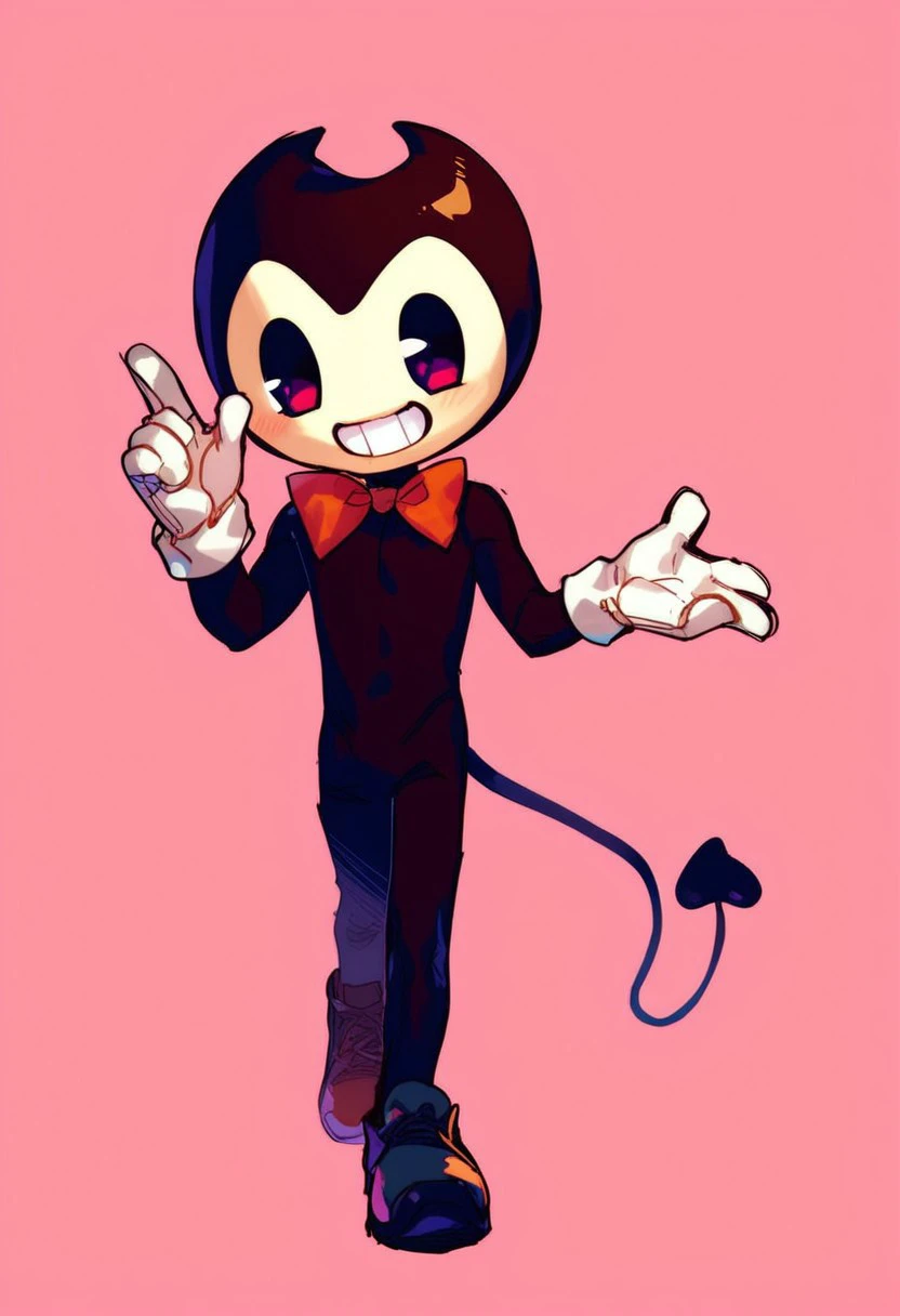 score_9, score_8_up, score_7_up ,score_9, score_8_up, score_7_up, source_cartoon,
( Bendy standing), male, chibi, cute, smiling, showing teeth, black skin, bowtie, white glove, demon tail, standing, simple background,
 <lora:StS_detail_slider_v1:2>
kawakami_rokkaku:0.5,<lora:Urushima:0.5>,