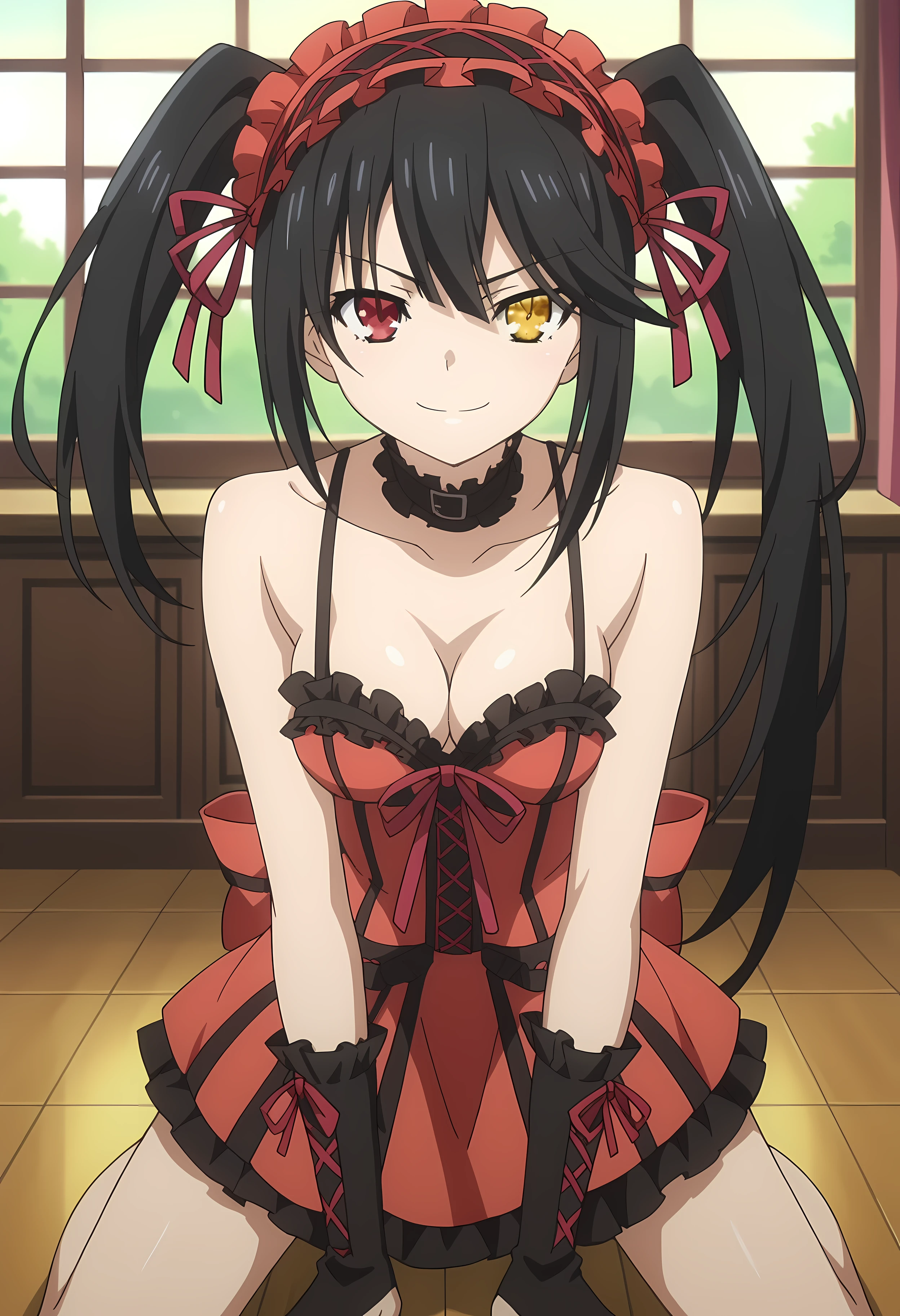 score_9, score_8_up, score_7_up, source_anime, kurumitokisaki, kurumi tokisaki, black hair, red eyes, long hair, twintails, yellow eyes, hairband, heterochromia, dress unbuttoned, red dress unbuttoned, bare shoulders, collarbone, choker, bowtie, red bowtie, detached sleeves, corset unbuttoned, frills, cleavage unbuttoned,sitting,legs open, looking at viewer, cowboy shot, dutch angle,showing naked breasts, medium breasts, showing naked breasts ,naked breasts nipples,semi naked,short height,(cowboy photo: 1.5)