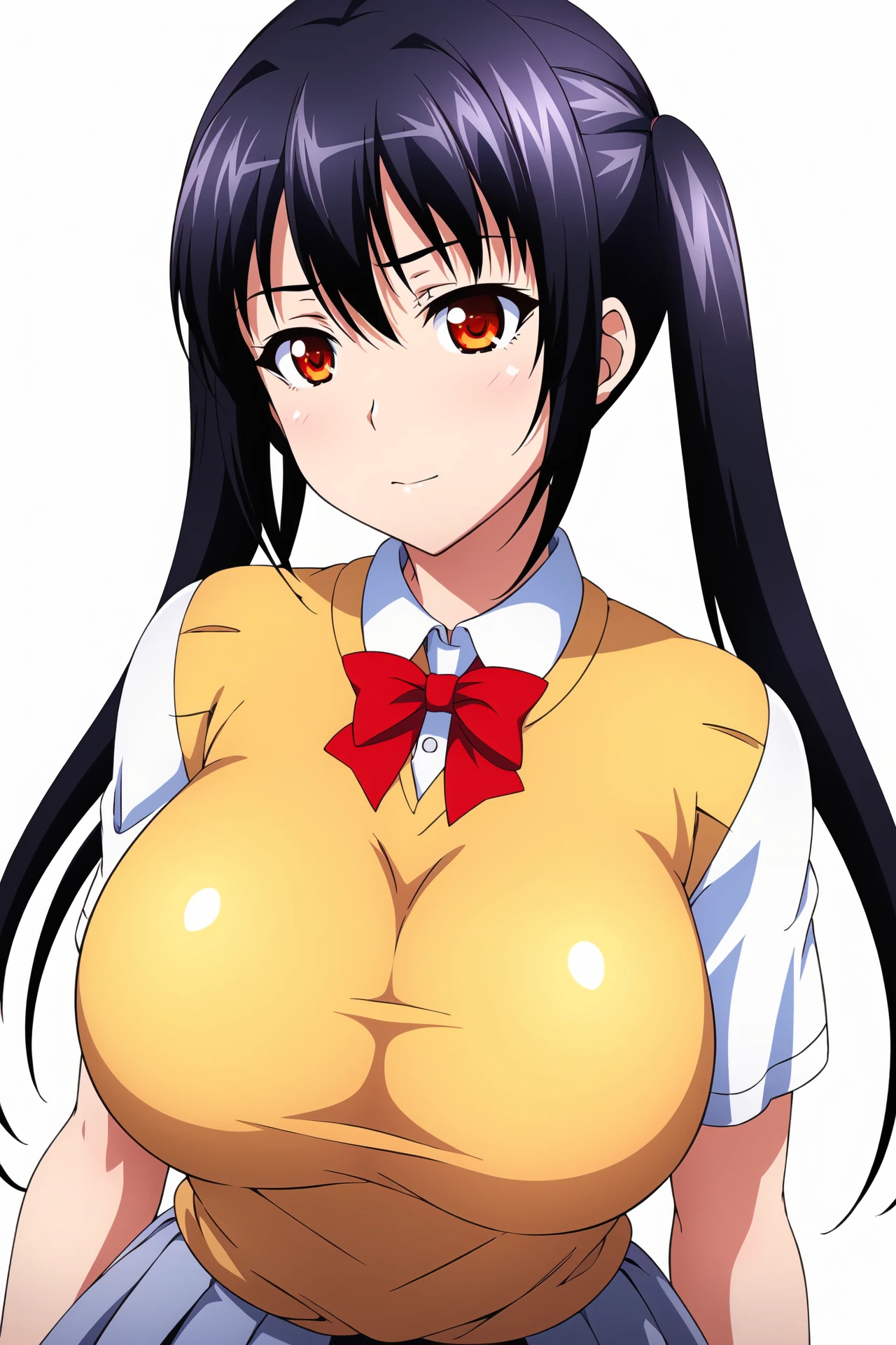 1girl, aster nemesis, ((dark-skinned)) , black hair, very long hair, yellow eyes, , twin tails, looking below, , , tanned body,, ,,,,,(spoken heart),(((fantasy costume))),miniskirt,thighhighs,,,smile,((huge breasts)),pov,s