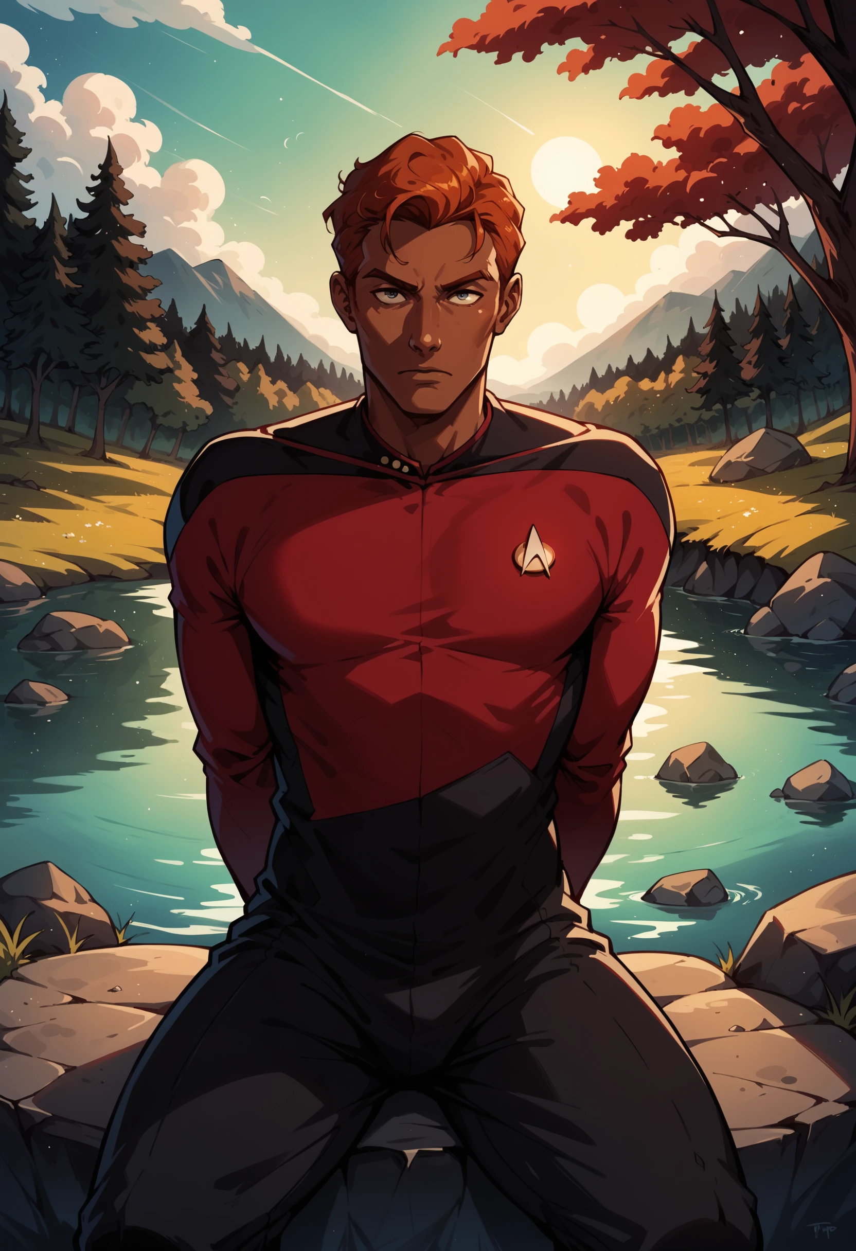 core_9, score_8_up, score_7_up, score_6_up, man,solo,ginger,older,dark skin,sitting,hands behind back,creek,river,trees,rocks,wind,sun,
sttng1,star trek red uniform,black shoulders
,<lora:TNGS1-000030>