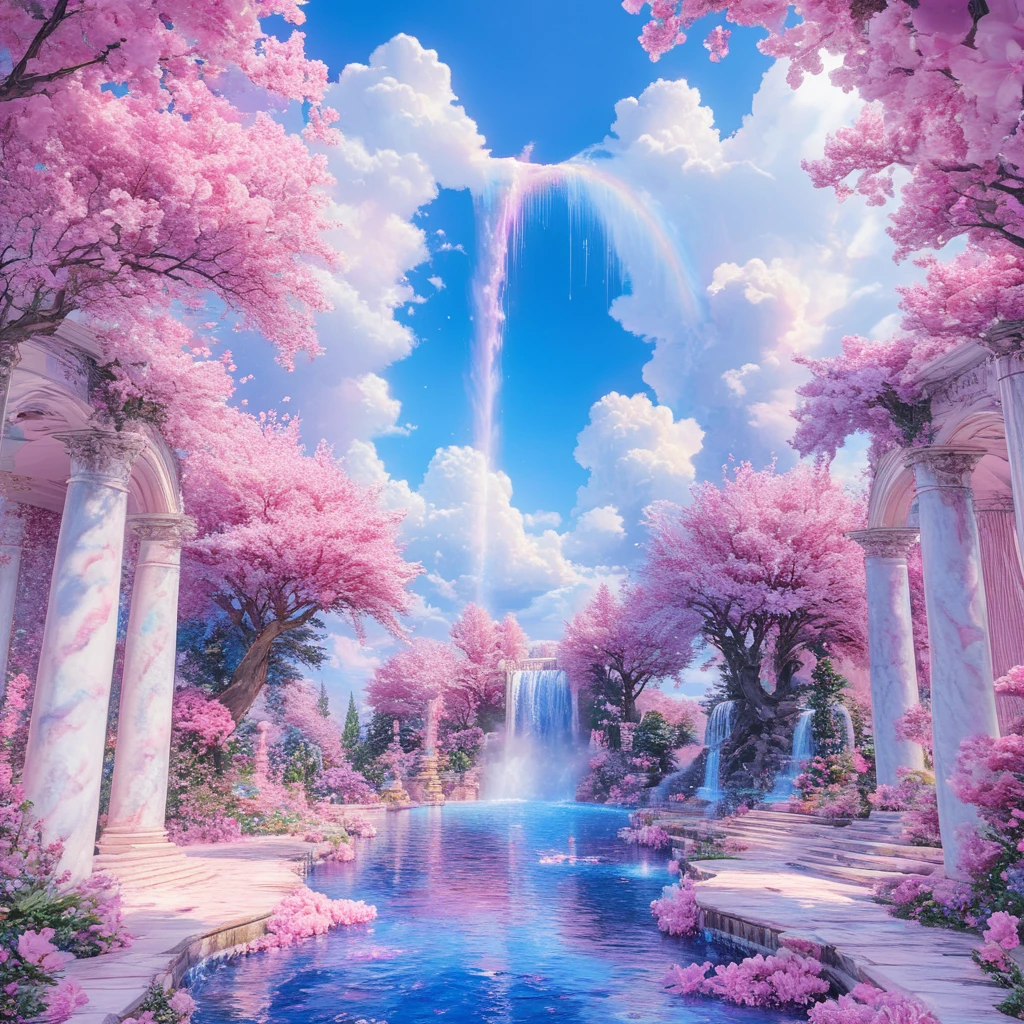 <lora:add-detail-xl:1.2>, <lora:Vaporwave_SDXL:1> ArsMJStyle, Vaporwave house, scenery, cloud, sky, tree, outdoors, no humans, flower, water, day, pink flower, pillar, blue sky, petals, cherry blossoms, waterfall, cloudy sky, plant, column, fountain