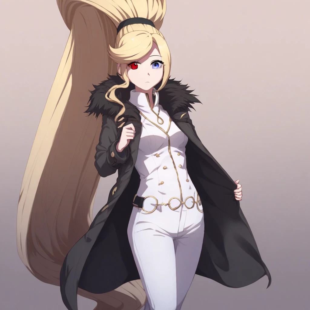 1girl, solo focus, heterochromia, red eye, grey eye, blonde hair, absurdly long hair, high ponytail, swept bangs, hairband, coat, pants,