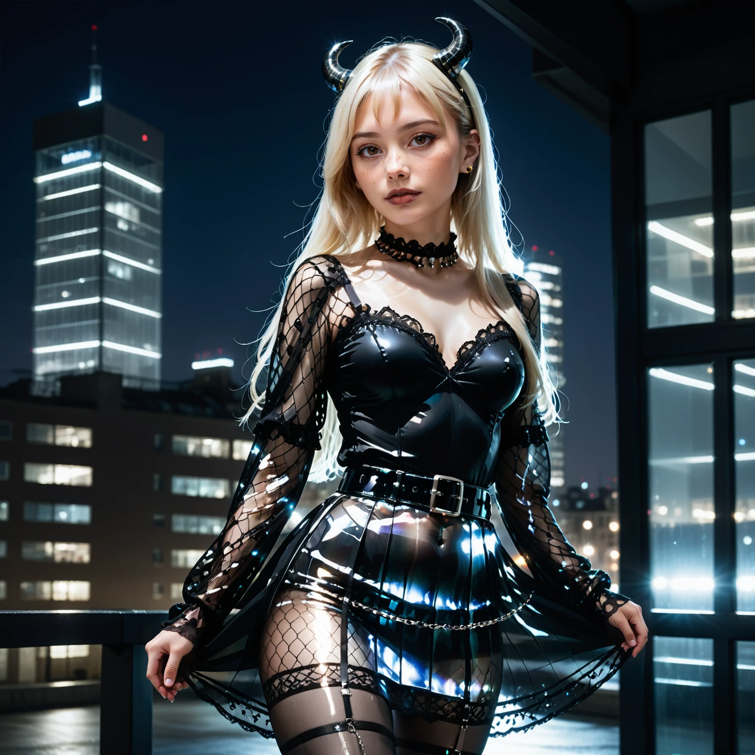 a woman, standing, dress, belt, long sleeve, wide sleeve, black lace on the edge of the sleeves and on the underskirt, black fishnet tights, platinum blonde hair, hime cut, very straight hair, black small horns, night, neon light,,<lora:blackpearlglassSDXL-000009:1>, dolleijSDXL01 <lora:DolleijSDXL01:0.4>, Pleated skirt made out of reij-blckprlglss, long bangs, bangs, hair falling straight into the face, buildings in background, detailed, several chains over the skirt and around the waist and hips