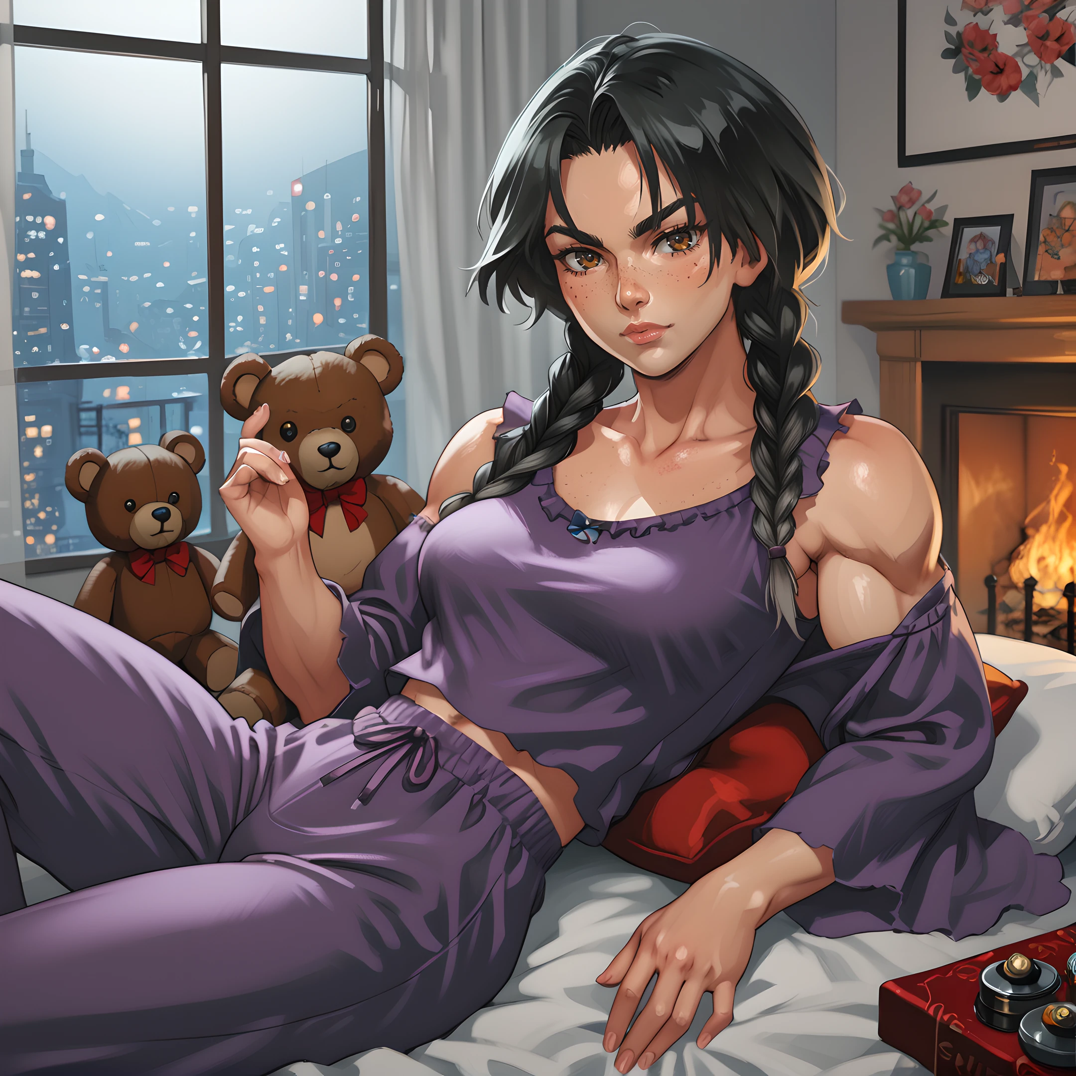 1girl, solo, billie, twin braids, braid, black hair, muscular, muscular female, freckles, brown eyes, looking at viewer, <lora:Billie_-_Sucker_For_Love:0.8>
BREAK
level_9, level_8_up, level_7_up, level_6_up, level_5_up, source_cartoon, masterpiece 
BREAK
in the bed, indoor, cozy, fireplace, baggy pajamas, sleepwear, teddy bear, night, dim lights