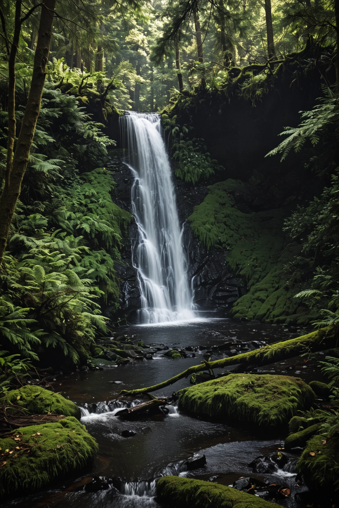 RAW photo, high contrast, dramatic light, forest scene featuring a waterfall