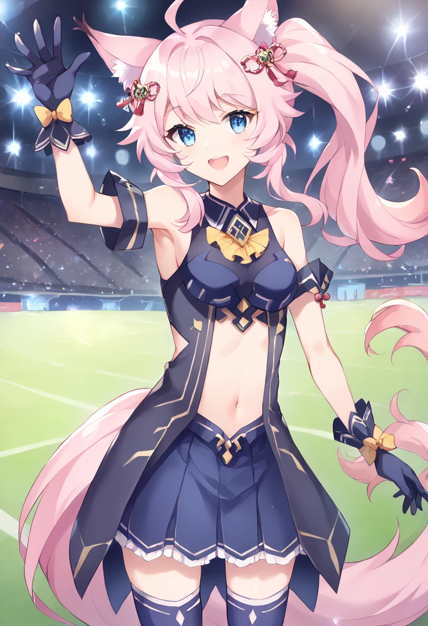 score_9,score_8_up,score_7_up,source_anime,masterpiece,best quality,game cg,1girl,solo,little_girl,howan_(show_by_rock!!),small_breasts,blue eyes,pink hair,ahoge,side ponytail,animal ears,tail,hair ornament,<lora:howanSB69:0.9>,rararin_clo,dress,sleeveless,bare shoulders,navel,pleated skirt,gloves,black gloves,thighhighs,<lora:rararinSB69:0.9>,cowboy_shot,looking_at_viewer,kind_smile,dynamic_angle,open mouth,stadium,stylish_pose,