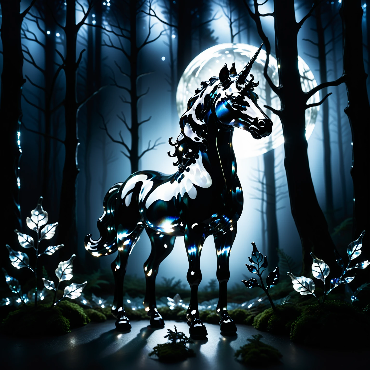 a reij-blckprlglss unicorn <lora:blackpearlglassSDXL-000009:1> in a forrest, moonlight, night