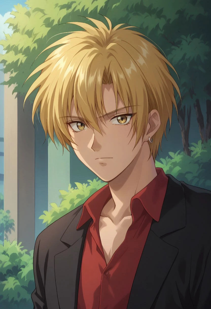 score_9, score_8_up, score_7_up, source_anime, highly detailed, 
eiriyuki, solo, 1boy, male focus, blonde hair, yellow eyes, shirt, red shirt, jacket, black jacket, open jacket, tree, formal, suit, bush, outdoors, looking at viewer, upper body, jewelry, earrings,