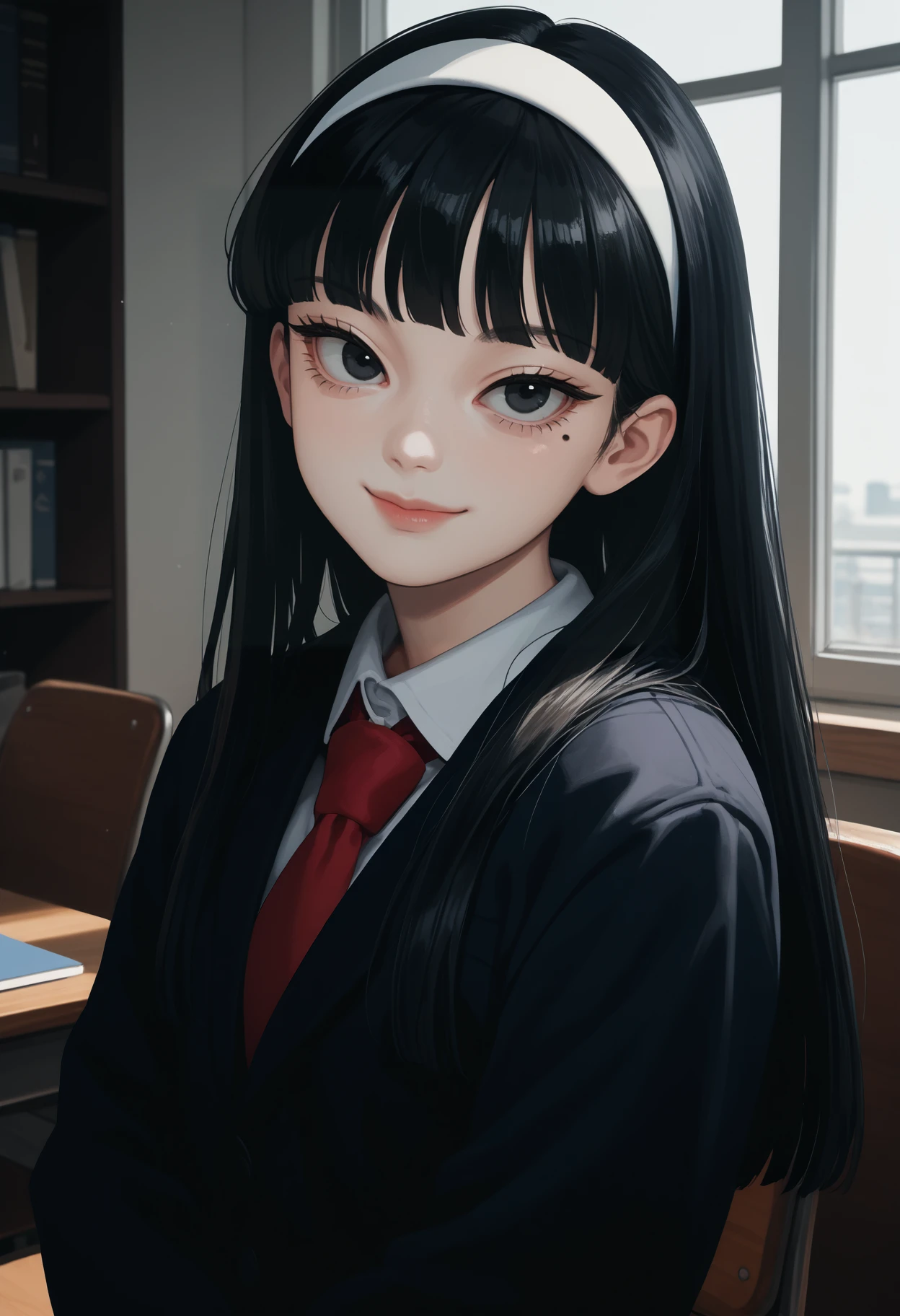 score_9, score_8_up, score_7_up, source_anime BREAK 1girl, solo, <lora:kawakamitomie-junjiito-richy-v1_pdxl:1> kwkm, black eyes, black hair, long hair, blunt bangs, white hairband, mole under eye, school uniform, red necktie, black jacket, closed mouth, smile, lips, looking at viewer, pale