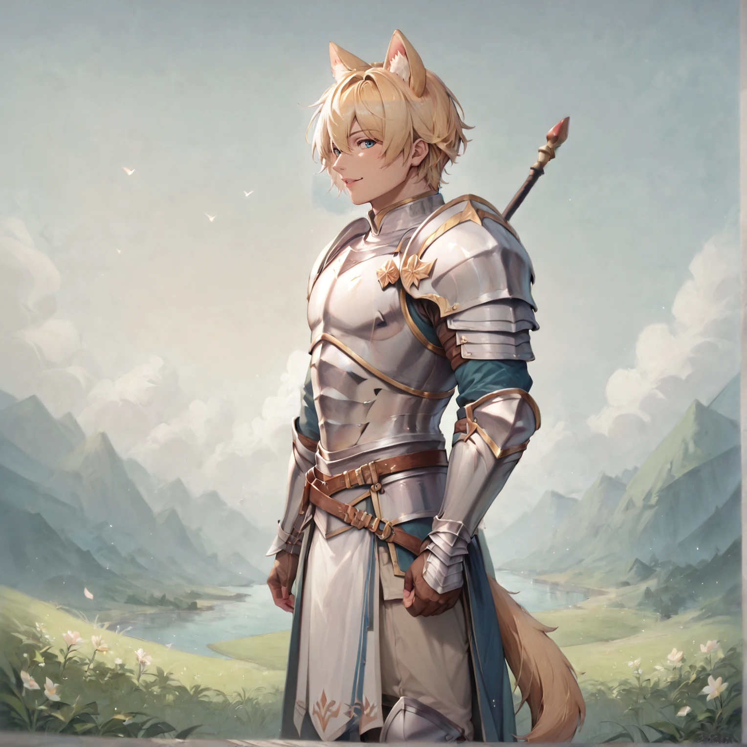 1boy, male focus, knight, armor, blonde hair, looking at viewer, smile, outside, tail, animal ears, beastfolk, <lora:Beastfolk_Pony_XL:1>, BREAK score_9, score_8_up, score_7_up, best quality, masterpiece, 4k, prefect lighting, very aesthetic, anime, zPDXL2, high quality, highres, masterpiece, best quality, 8k, intricate, detailed, <lora:add_details_xl:0.6>, <lora:sinfully_stylish_SDKL:0.5>, <lora:nudify_xl_lite:0.5>, <lora:epiCRealismHelper:0.5>, <lora:NsfwPovAllInOneLoraSdxl:0.5>, <lora:JuggerCineXL2:0.5>