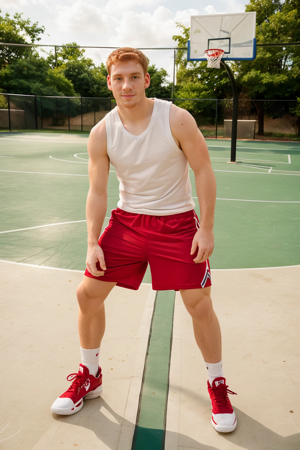 city park, gray concrete outdoor basketball court, pavement, slight smile, facial scruff, ginger hair, SebastianKeys is a basketballplayer, (white tank top), (red shorts), socks, hightop sneakers, dribbling basketball, dynamic movement, (((full body portrait))), wide angle   <lora:Clothing - Sexy Basketball Player:0.65>  <lora:SebastianKeys:0.8>