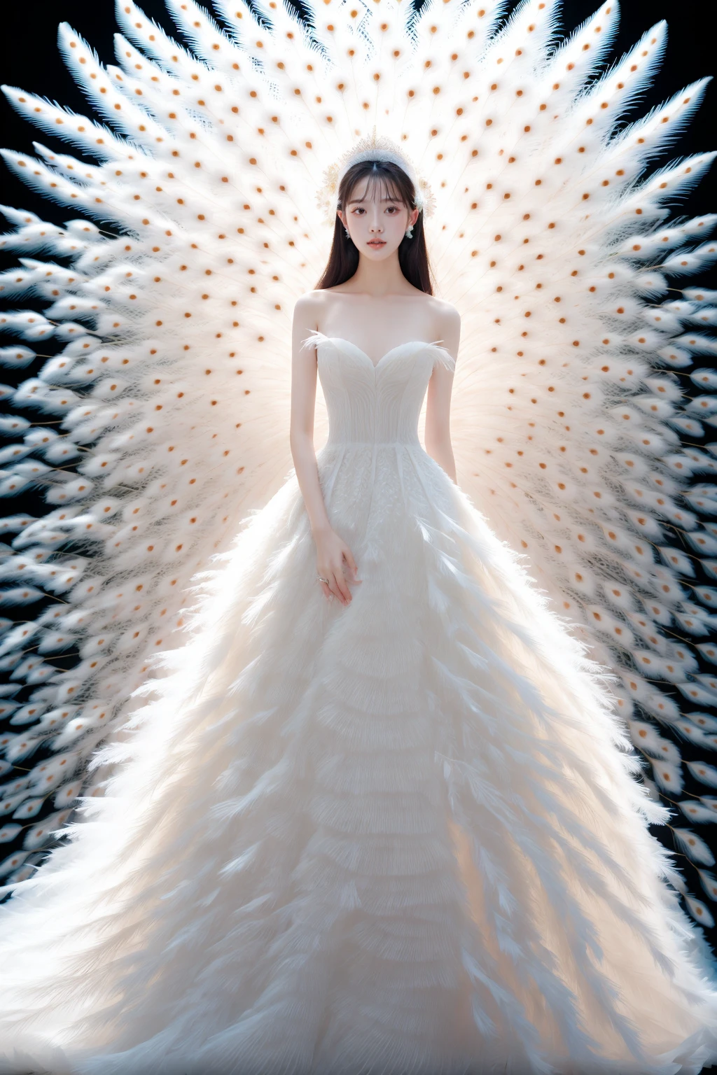 1girl, full body, standing, white feathers dress, <lora:JAY - WHITE FEATHERS DRESS:0.7>