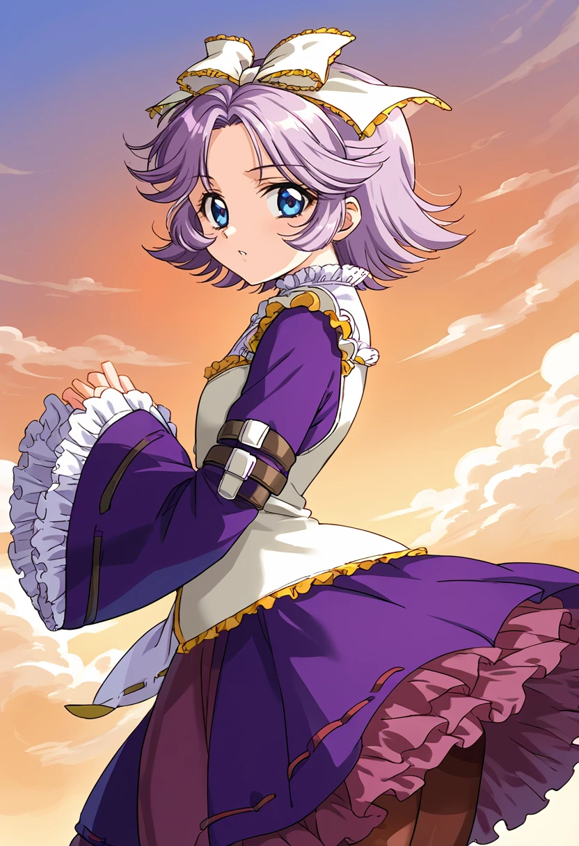 score_9, score_8_up, score_7_up, source_anime BREAK 1girl, solo, srw_latuni, dress, long sleeves, purple color long sleeves, wide sleeves, frilled skirt, purple skirt, pantyhose, hair ribbon, light purple color hair, short hair, flipped hair, pated bangs, dark blue eyes, looking at you, from side, sky background <lora:srw_latuni:1>