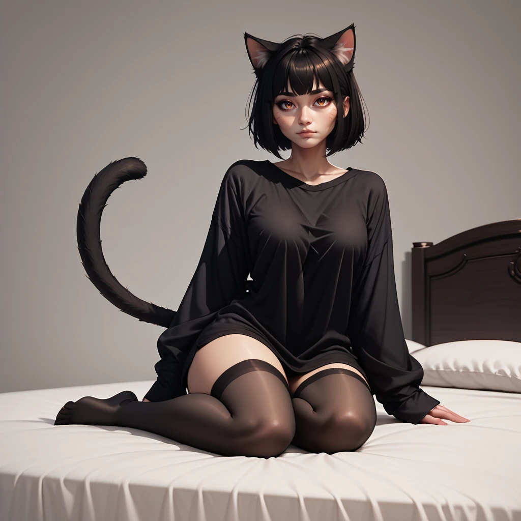 score_9, score_8_up, score_7_up, score_6_up, score_5_up, score_4_up, 1 girl,  catgirl, cattail, miko, sitting on a bed,  full body, Jed-ovrszd,  black oversized shirt,  black stockings, long sleeves ,    <lora:Oversized_epoch_3:0.7>