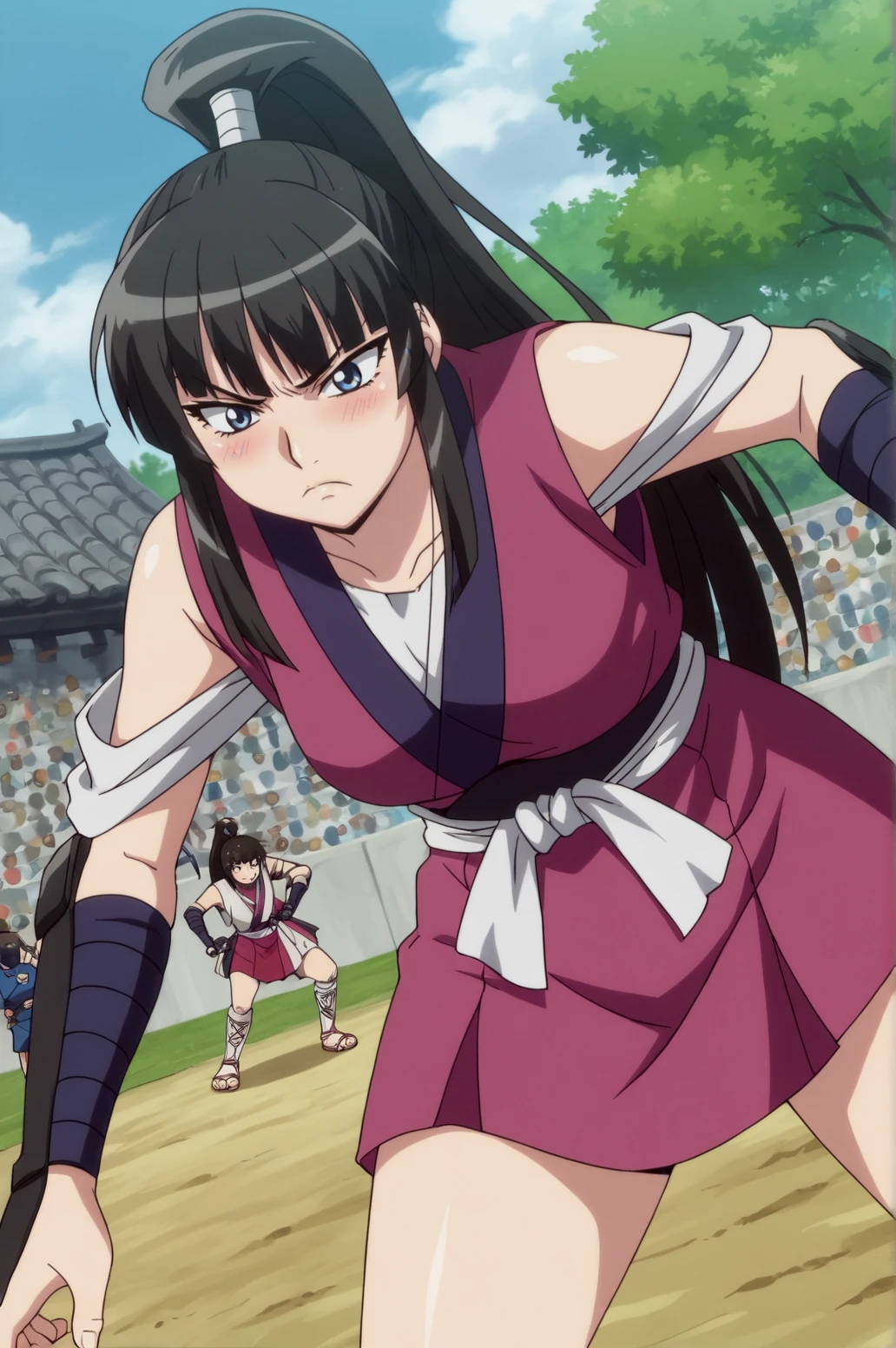 score_9, score_8_up, score_7_up,anime_source, source_anime, best background, detailed background, anime screencap,  Sayama, 1girl, blunt bangs,  japanese clothes, ninja, frown, tsundere, blush, fighting pose, dynamic angle, dynamic camera, outdoors, <lora:JN_Ouka_Sayama:0.8>