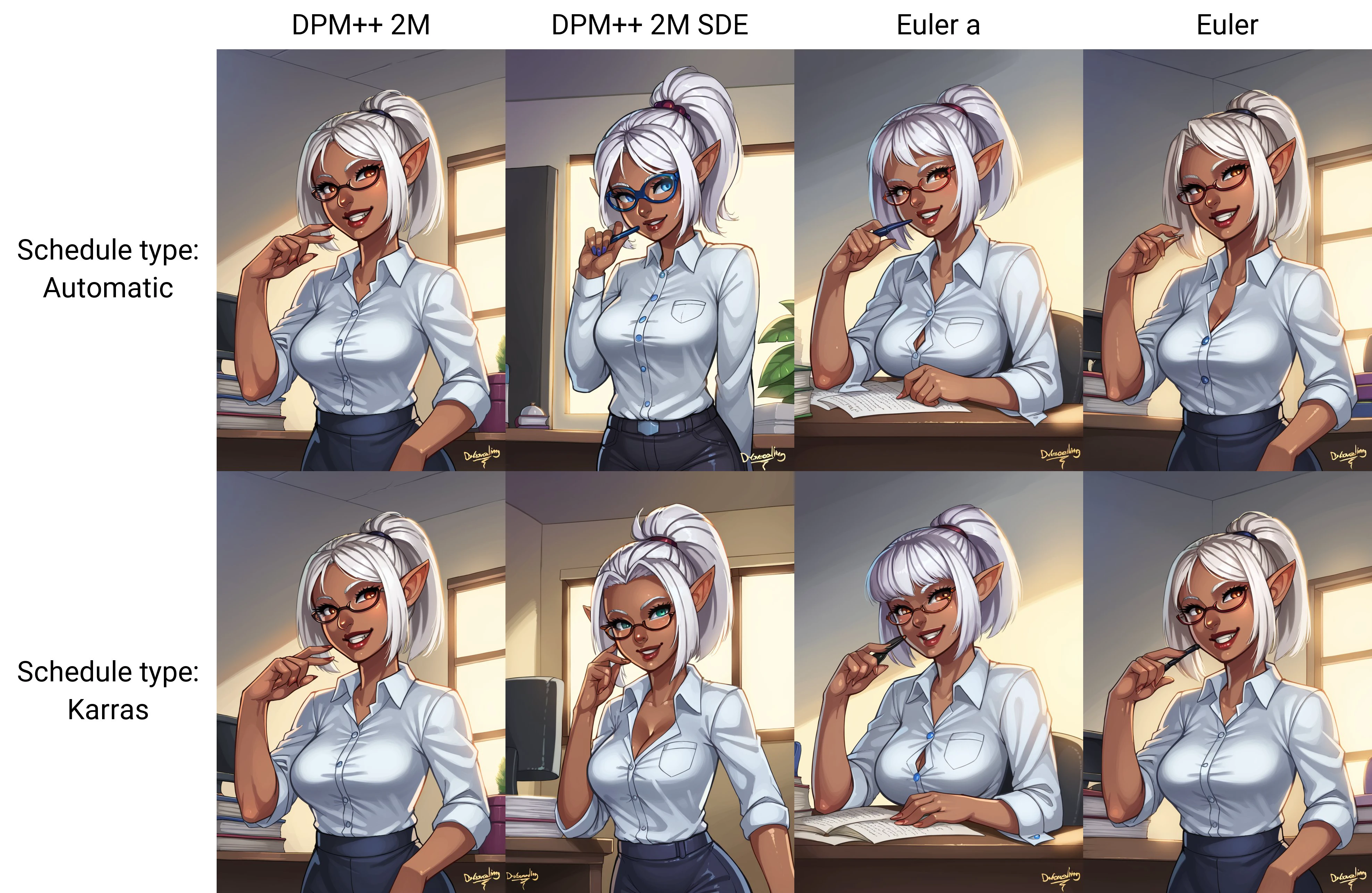 score_9, score_8_up, score_7_up, score_6_up, drgraevling-dh BREAK
portrait, 1girl, dark-skinned female, pointy ears, glasses, ponytail, white hair, seducing smile, naughty, aroused, office lade  <lora:Artist_Style_-_DrGraevling:0.7>