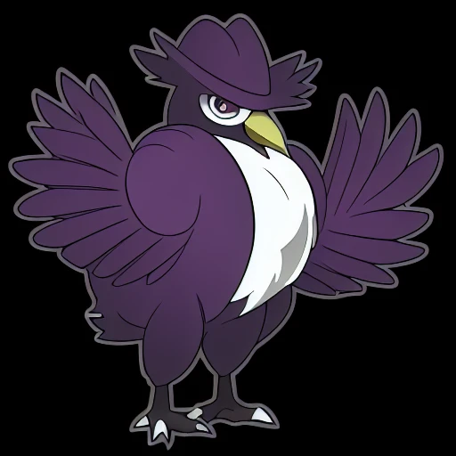 cigar, glowing, crow, character name, sparkle, standing, beak, watermark, white outline, blurry, pokemon (creature), purple background, jewelry