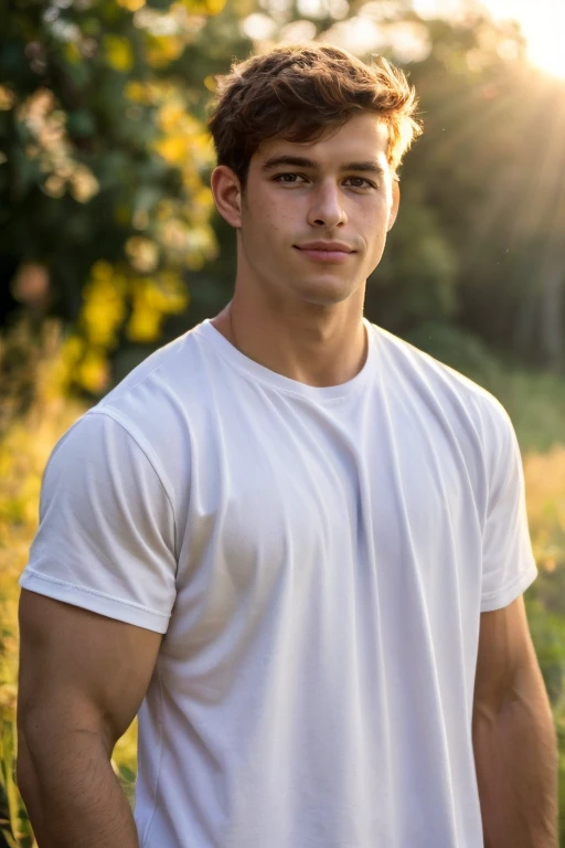 portrait, face focus, upper body,  High resolution photo  handsome guy, highly detailed, wearing white t-, outdoors, bokeh background, (look at viewer)  sunlight morning, sunburnt  (smirking:0.4),  freckled skins, detailed skin texture,   <lora:add_detail:0.5>  brown-eyes, detailed eyes, <lora:darelljones:0.7> darelljones, (masterpiece,best quality:1.5)