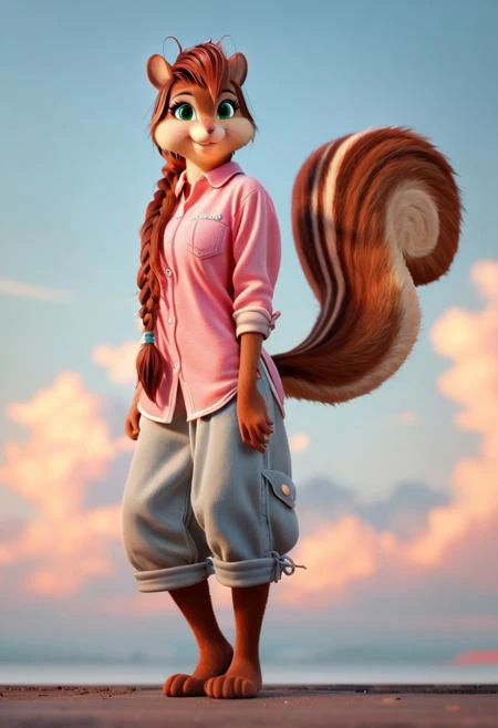 score_9, score_8_up, score_7_up, score_6_up, score_5_up, score_4_up, squirrel tail, pink shirt, simple background, squirrel ears, anhtro, furry, 1girl, green eyes, long hair, smile, standing, sky, full body view, braided ponytail, (summer park background), detailed background