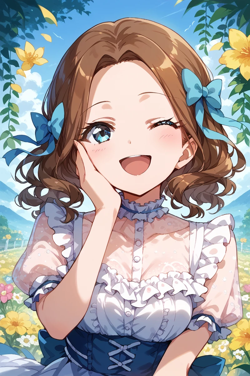 score_9, score_8_up, score_7_up, score_6_up, 1girl,
 <lora:Hisame_Honami:0.9> hisame, one eye closed, solo, brown hair, smile, open mouth, hand on own face, ;d, looking at viewer, flower, hand on own cheek, blue eyes, bow, frills, hair bow