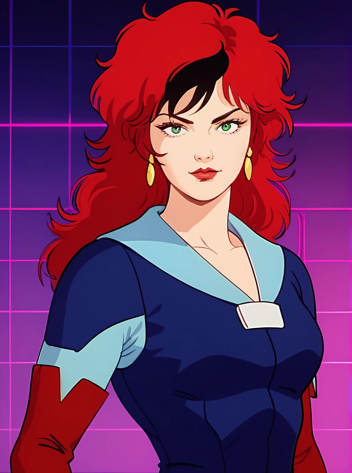 buddr00t, score_8_up, score_7_up, source_manga, rating_safe, <lora:BuddR00tXLP:0.5>, girl, solo, vw4rfi3ld, red hair with black streak, messy hair, green eyes, earrings, blue racing outfit, red gloves, red boots, upper body, posing in a synthwave background <lora:Vanessa_Warfield_-_MASK_1985_-_Pony:0.8>