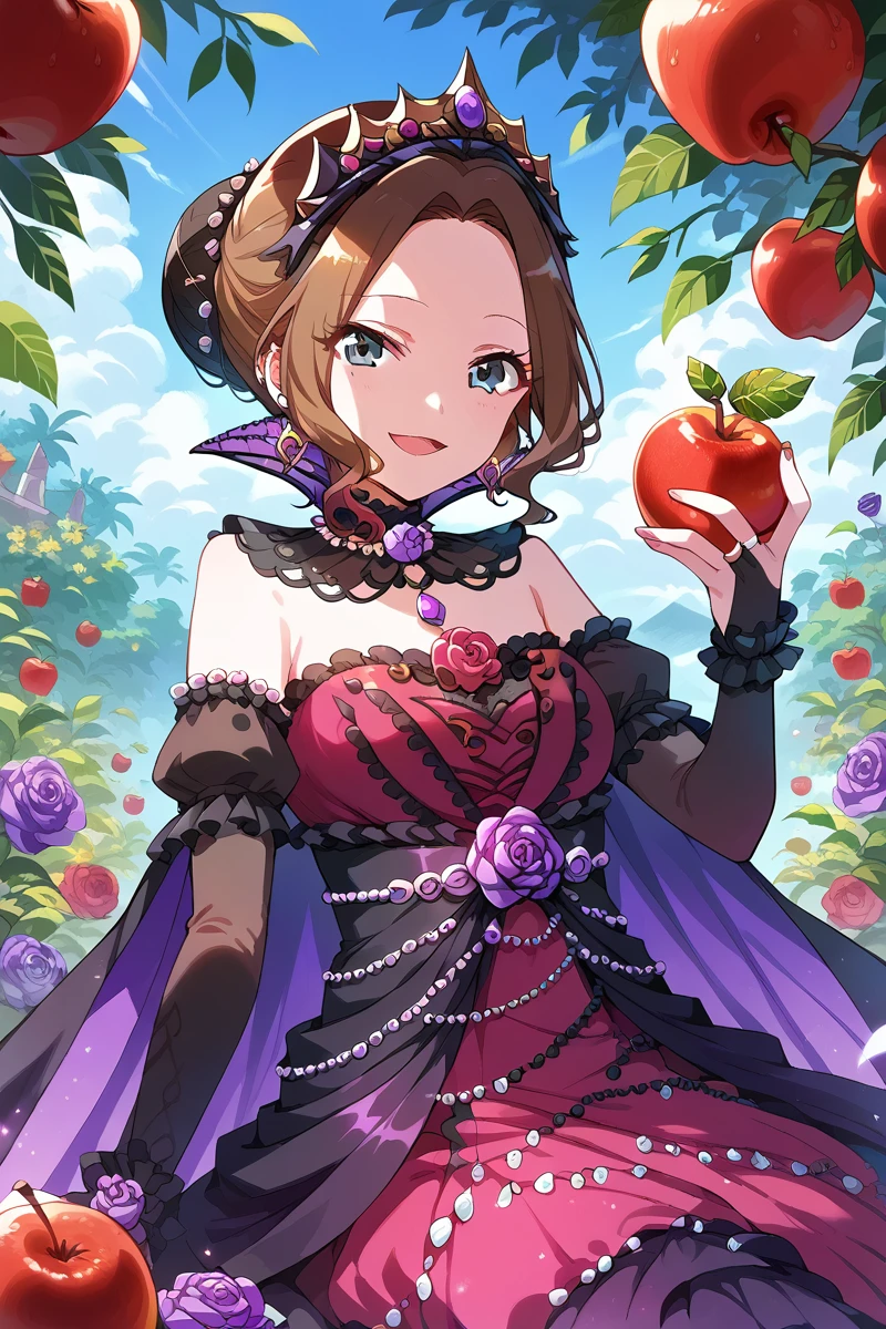 score_9, score_8_up, score_7_up, score_6_up, 1girl,
 <lora:Hisame_Honami:0.9> hisame, food, fruit, apple, solo, flower, dress, brown hair, rose, jewelry, purple rose, tiara, earrings, smile, bridal gauntlets, queen