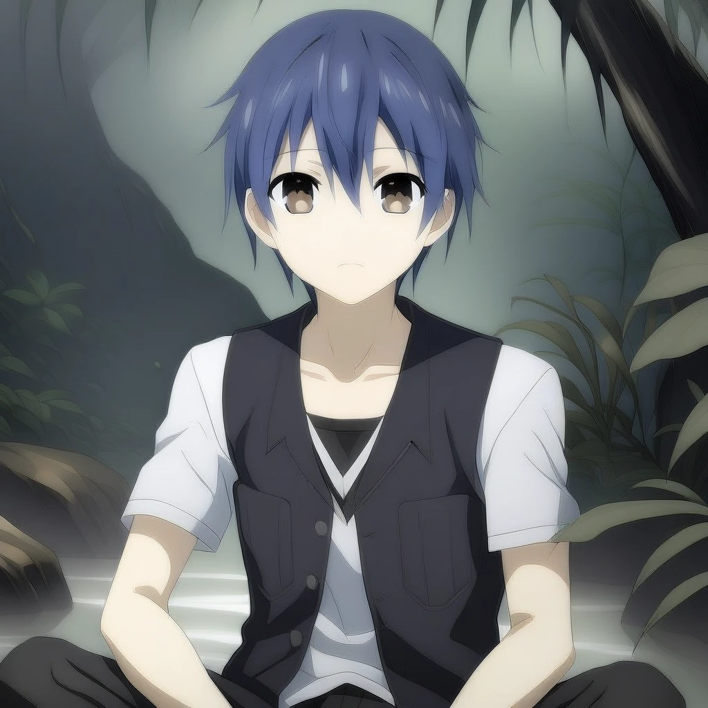 itsuka shido,1boy, solo, brown eyes, blue hair, jungle, stream, sitting, black vest, wind, caustics,