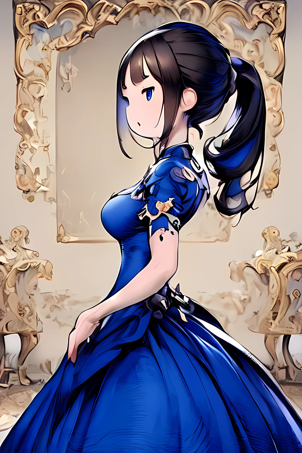 (masterpiece, best quality:1.4), (extremely detailed fine touch:1.2), best quality, expressive eyes, perfect face, perfect hands, perfect fingers (masterpiece), 1girl, blue dress, black hair, ponytail, <lora:styles\Akihiko_Yoshida_Chibi_Style_v2.1.safetensors>