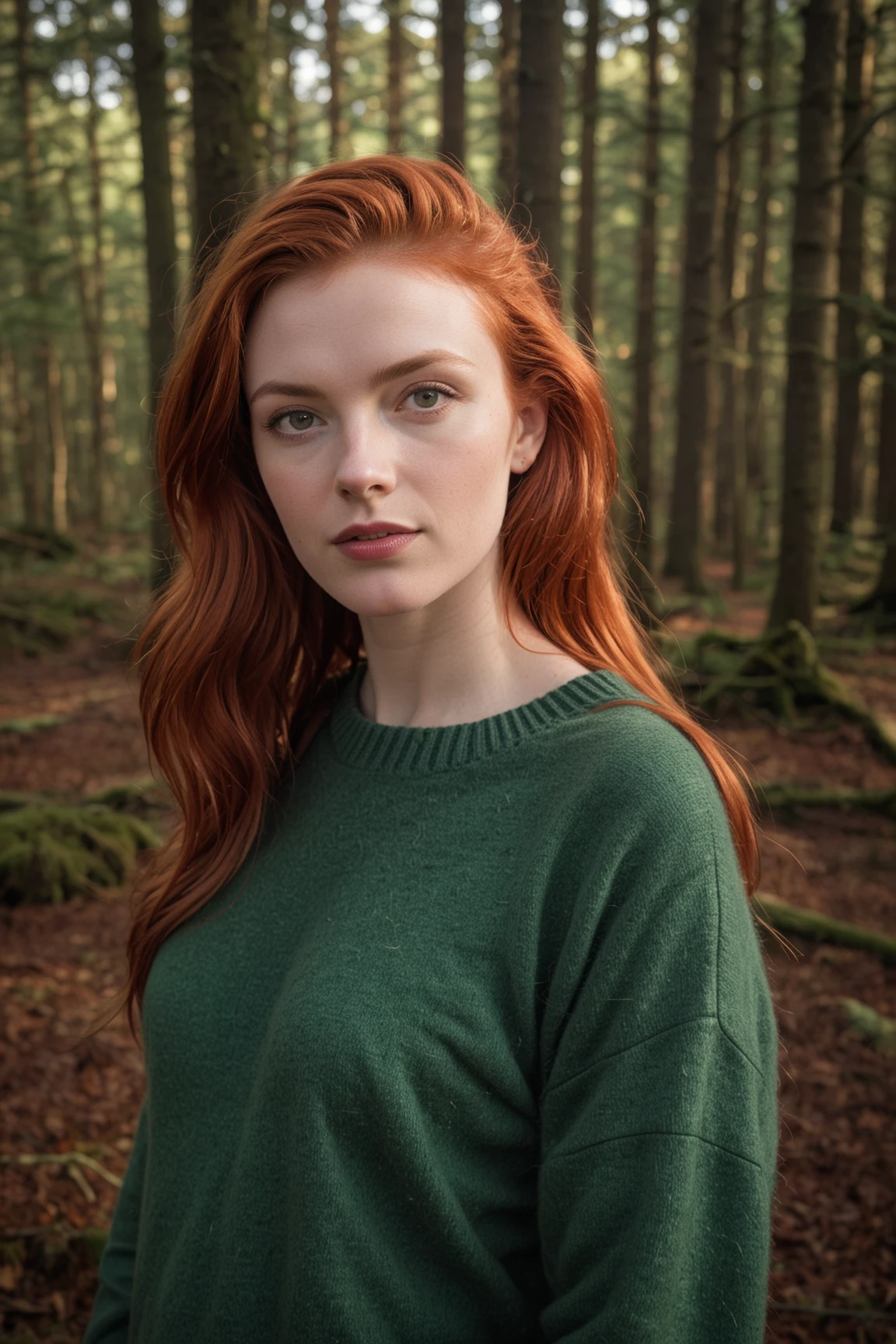 RAW photo of Neassa Móirín with sweater, (red hair:0.8), forest, Photorealistic, dramatic lighting