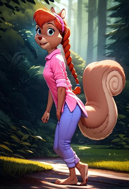 score_9, score_8_up, score_7_up, (best quality:1.1), ultra-detailed, great quality, anthro, high resolution, (((8k))), 1girl, squirrel, squirrel girl, day time, squirrel ears, side view, Tammy Squirrel, natural light, detailed sun rays, summer, braided hair, daytime, looking at viewer, BREAK., highly detailed background, (forest:1,4), fast running like sportsmen, detailed squirrel legs, detailed barefoot, pink shirt, blue pants, highly detailed face, (very detailed face:1.4), fluffy fur