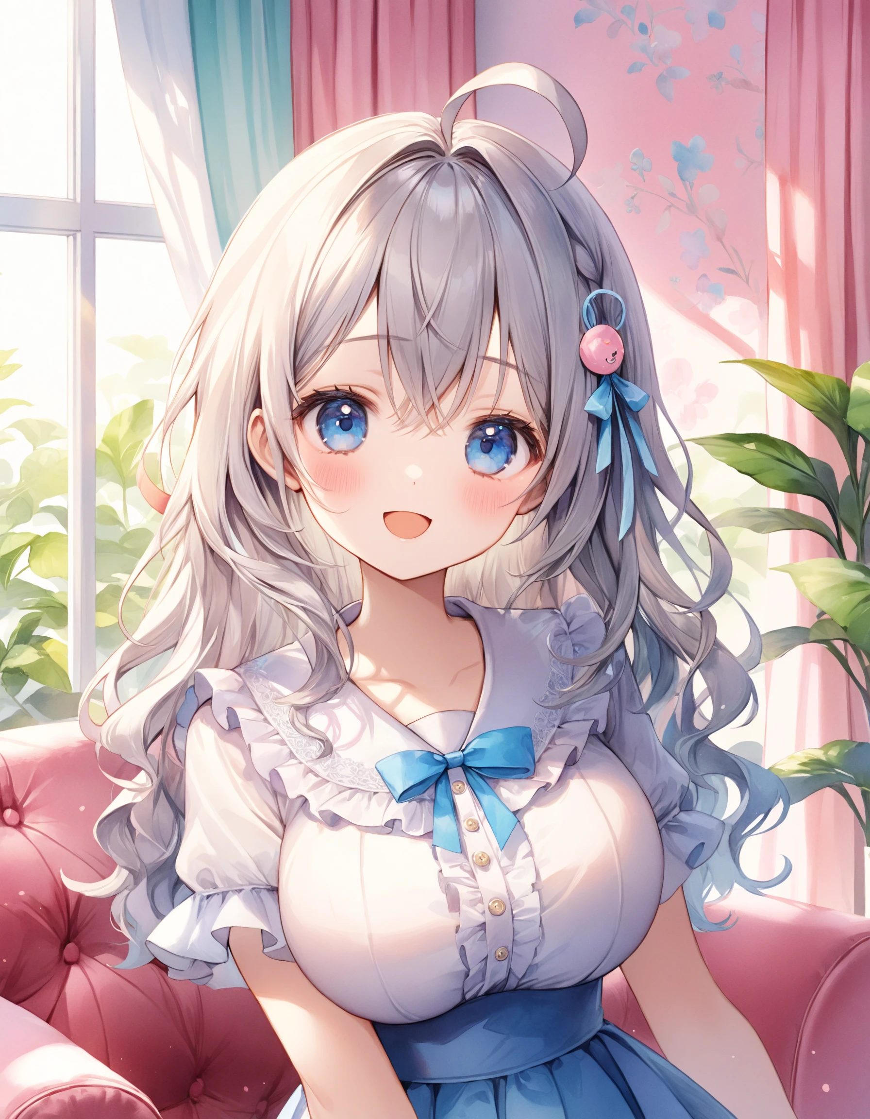 (Portrait:1.1). (Shooting from front:1.1). A cute girl. Solo. (Chibi:0.45). (Round face:1.25). Detailed dark-blue eyes. Tareme. Long wavy hair, ribbon hair ornament, (gray hair), (gray inner hair), ahoge and hair between eyes. Detailed slender body. Large breasts. Ruffled white blouse, short ruffled short sleeves and pale saxe-blue layerd skirt. Happy expression. Open mouth. Head tilt. Looking at viewer. Fashionable cute living room. Decorative plants. Pastel pink sofa. Pastel cute curtains. Pastel cute wallpaper. Daytime. (Natural lighting:1.4). Cute style. Watercolor. Intricate details. Extremely detailed. Outstanding intricacies. (Masterpiece:1.2). (Best quality:1.2). (Absurdres absolutely resolution:1.4).