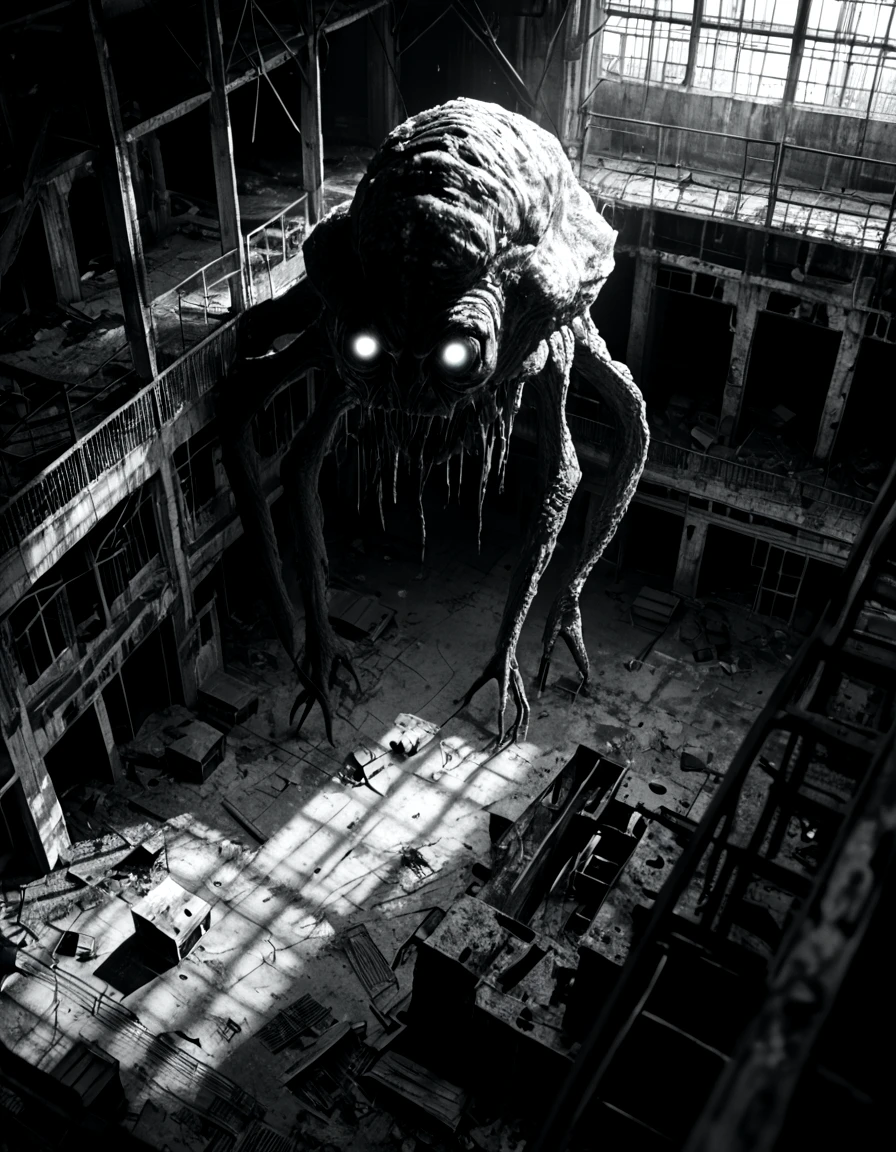 score_9, score_8_up, score_7_up, horrorcctvlora, monochrome, greyscale, dark, abandoned building, monster, glowing eyes, bird view