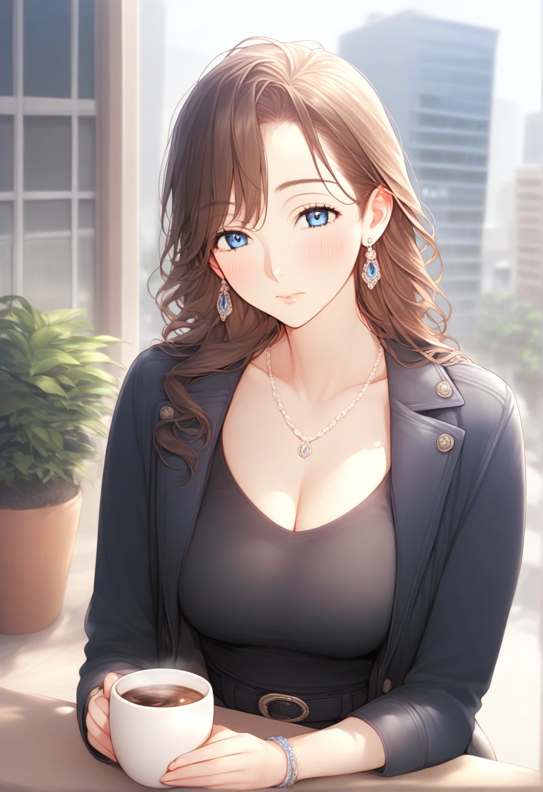 score_9, score_8_up, score_7_up, score_6_up, source_anime,<lora:DJC 0.1v:1>, DJC,
1girl, breasts, cup, solo, jewelry, cleavage, coffee mug, plant, earrings, potted plant, necklace, looking at viewer, mug, shirt, blue eyes, brown hair, blush, coffee, floral print, black shirt, denim, sitting, medium breasts, bangs, collarbone, closed mouth, bracelet, long hair, open clothes, blurry, holding cup, belt, long sleeves, outdoors, building, balcony, day, jacket, window, holding, pants, table, open jacket