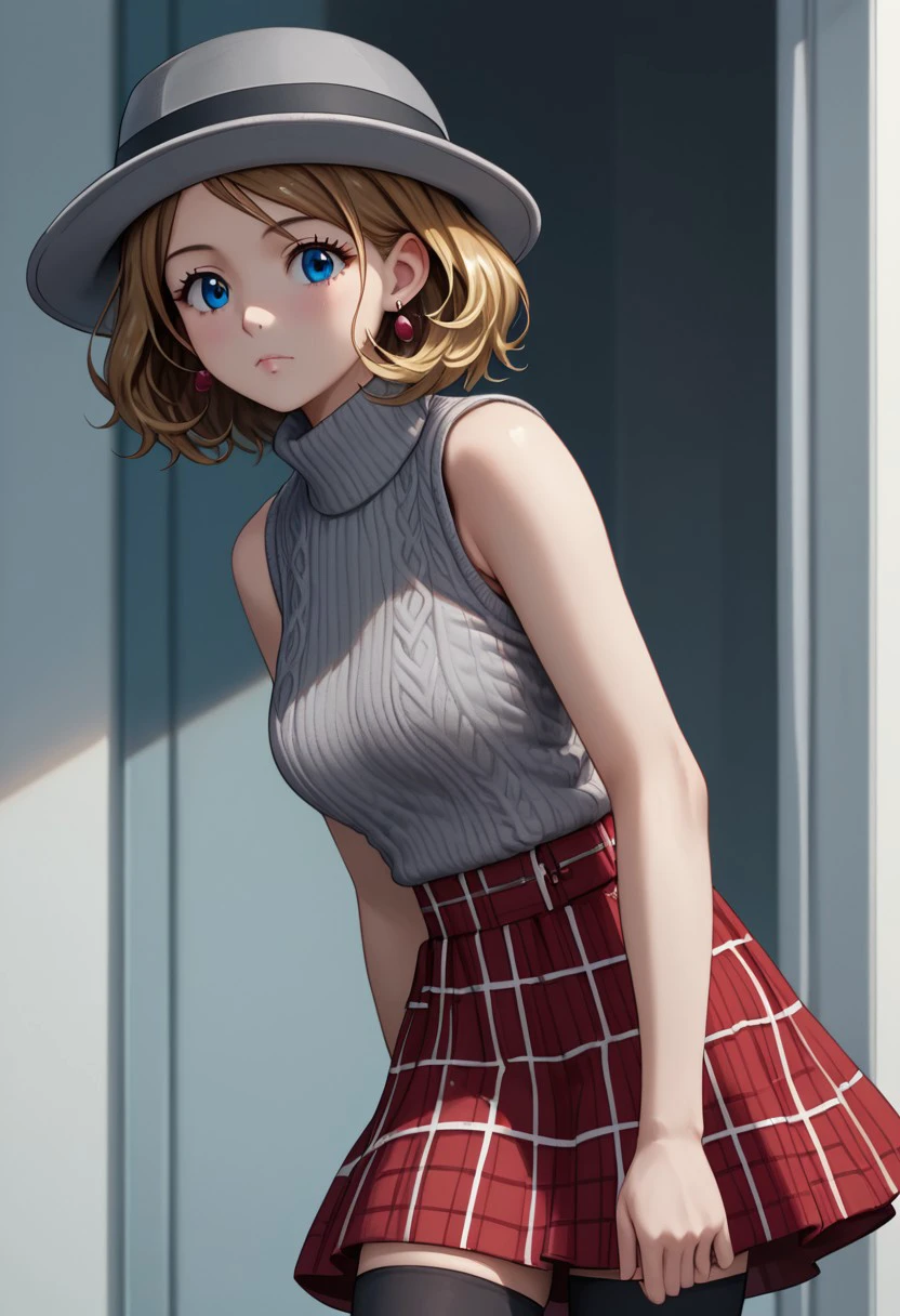 1 girl, solo, mature girl, 18 years old,eye catching, Anime, Anime Style, ccserena, solo, short hair, (grey headwear:1.2), earrings, eyelashes, blue eyes, grey sweater, sweater vest, sleeveless turtleneck, bare arms, plaid skirt, red skirt, black thighhighs, perfect, detailed, score_9, score_8_up