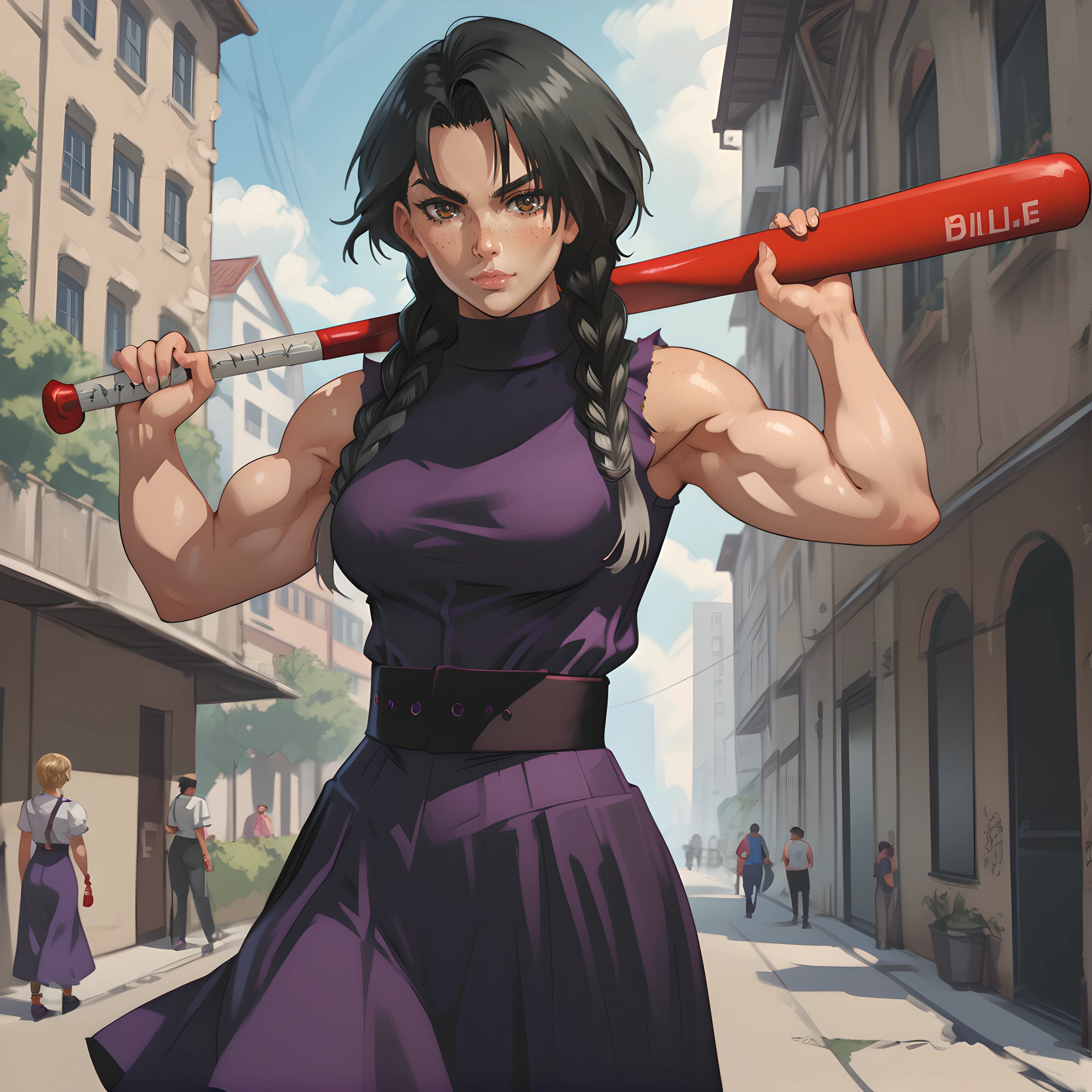 1girl, solo, billie, twin braids, braid, black hair, muscular, muscular female, freckles, brown eyes, looking at viewer, dress, weapon, baseball bat, <lora:Billie_-_Sucker_For_Love:0.8>
BREAK
level_9, level_8_up, level_7_up, level_6_up, level_5_up, source_cartoon, masterpiece 
BREAK
outdoor,