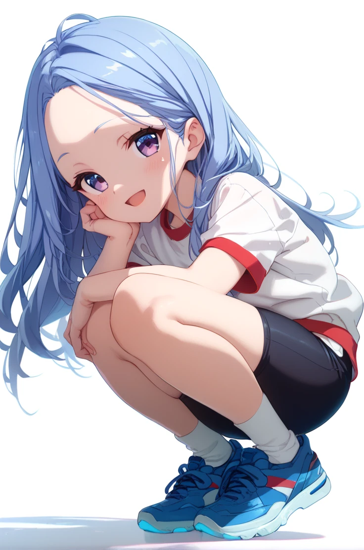 score_9, score_8_up, score_7_up, source_anime,
simple background, blurry background,
cowboy shot, light smile, lookging at viewer, blush,
<lora:nagatsukaSaki_v01:0.95>
forehead, blue hair, long hair, eye protectors, google, full body, hair slicked back, white shirt, bike shorts, sneakers, white socks, short sleeves, squatting, smile, open mouth, looking back, sakiBase, purple eyes, zPDXL