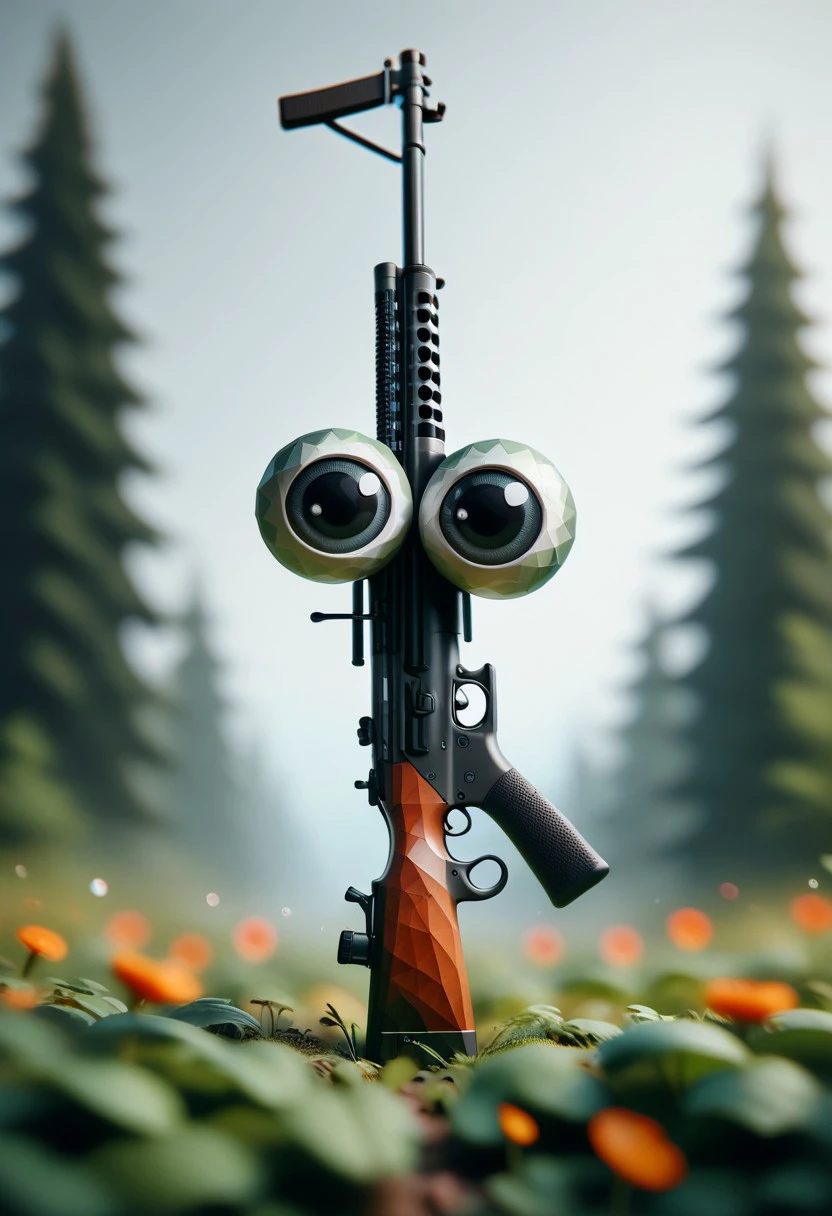 score_9, score_8_up, score_7_up, score_6_up, score_5_up, score_4_up, (r4r3style, low poly, googly eyes), rifle, simple background, blurred background,