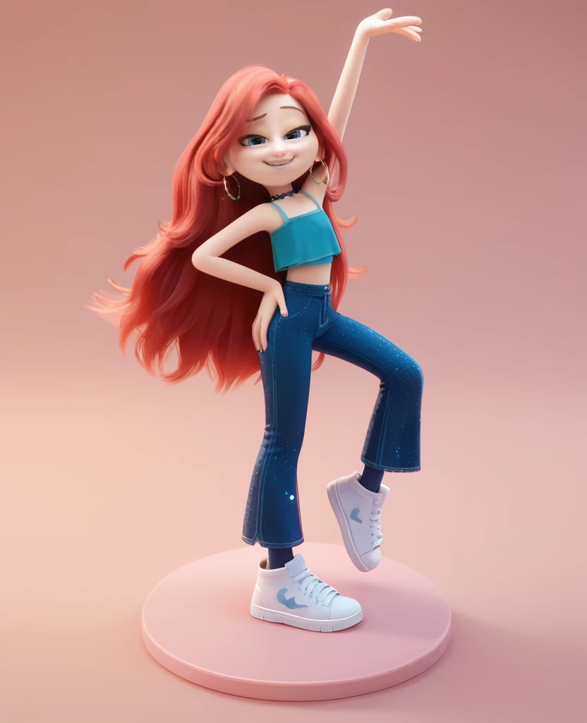 core_9, score_8_up, score_7_up, score_6_up, score_5_up, score_4_up, <lora:mychelseatk-000003:1> , chelseatk, flat chest, 1girl, long hair, looking at viewer, blue eyes, hoop earrings, choker, midriff, crop top, red hair, jeans, sparkle, pants, hands on own hips, arms up, smile, half-closed eyes, knee, white sneakers, white footwear