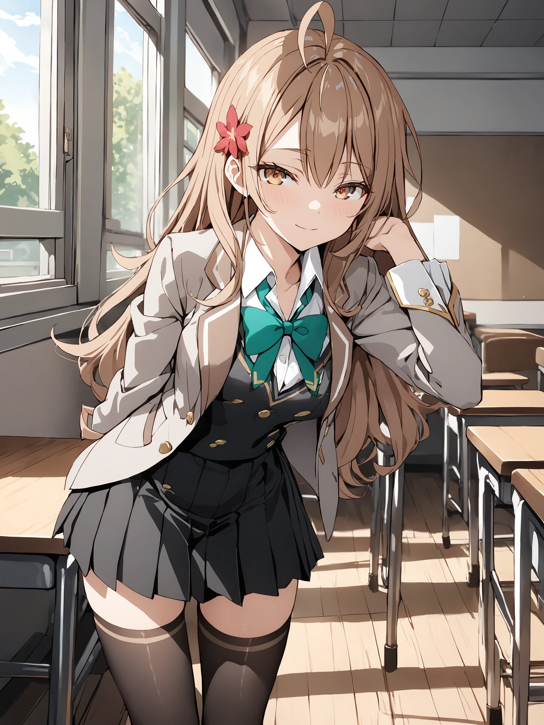 masha_ane, brown eyes, brown hair, hair flower, long hair, ahoge,
1girl, solo, full body, looking at viewer, cowboy shot, indoors, classroom, windows, blue sky, inviting, light smile,
leaning forward, arms at back, hand to mouth, school uniform, grey jacket, open jacket, long sleeves,
green bow, white shirt, collared shirt, black vest, button, black dress, black thighhighs,
best quality, masterpiece,
<lora:hinaAlyaMashaYuki_sdxl_wifu_v1:1>