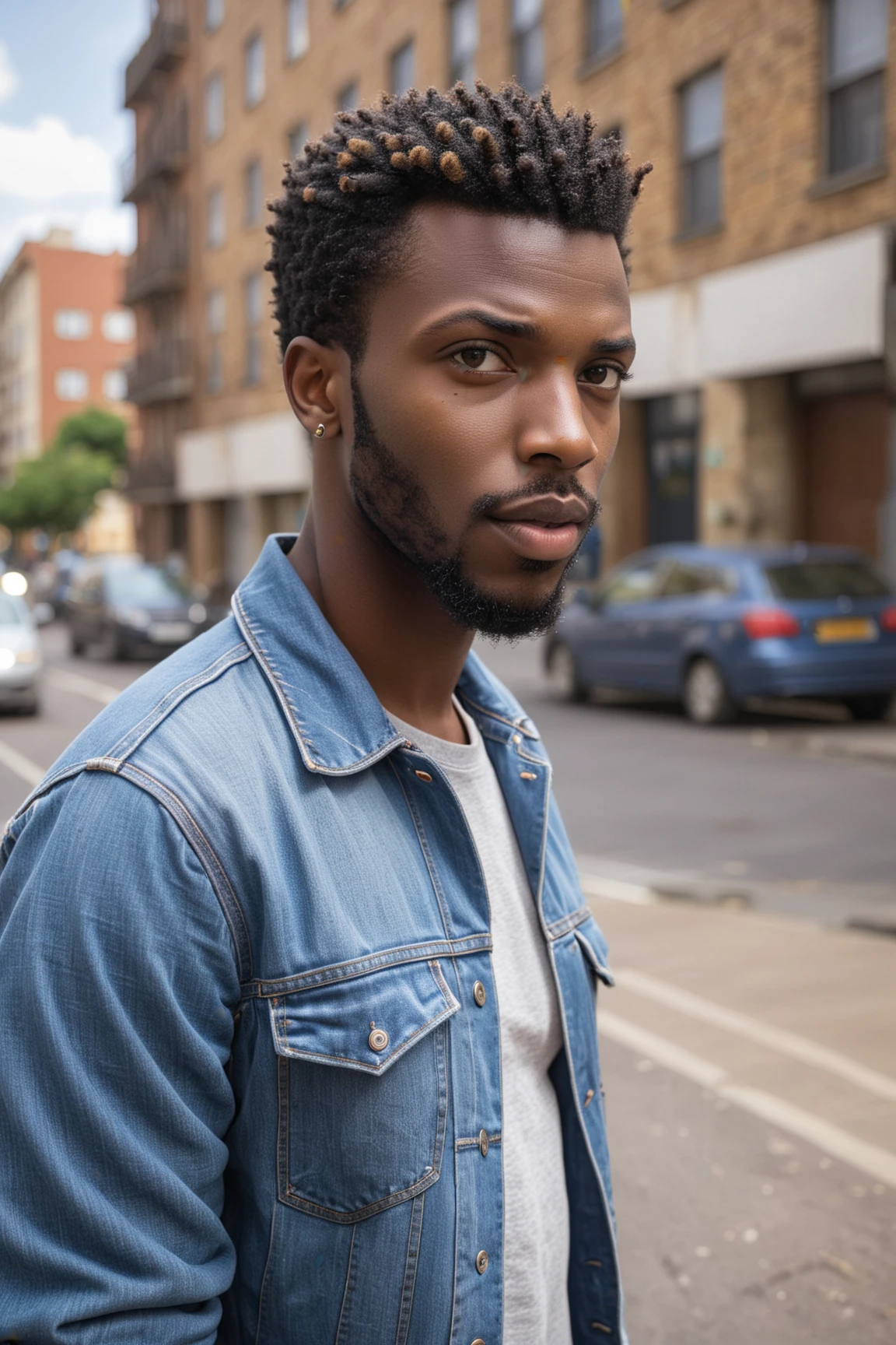 RAW photo of young african man standing on a city street, looking to the side, wearing a denim jacket with a serious expression, short curly hair and a well-groomed beard, detailed skin,  background includes buildings and power lines with a slightly blurred effect sunny day giving a warm natural light to the scene urban environment