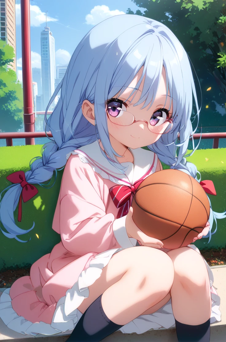 score_9, score_8_up, score_7_up, source_anime,
park, cityscape,
cowboy shot, light smile, sitting, lookging at viewer, blush
<lora:nagatsukaSaki_v01:0.95>glasses, blue hair, long hair, twin braids, white sailor collar, dress, pink dress, black frills, red bow, laces, black socks, loafers, bangs, long sleeves, sakiBase, purple eyes, holding basketball,, zPDXL