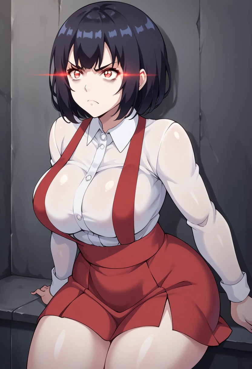 score_9, score_8_up, score_7_up, , shiny skin:0.1, source_anime , deep skin,, high quality, highres, , 1girl, (curvy), ((wide hips)), perky breasts, thick thighs, cute, , sexy, Hanako-san, black hair, short hair, red eyes, bags under eyes, pale skin, glowing eyes, school uniform, white shirt, collared shirt, long sleeves, red skirt, suspenders, big breasts, solo, angry, frown