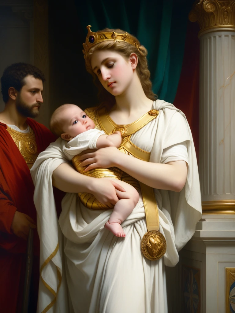 <lora:05ClassicalArt_Hap_XL:1>, William-Adolphe Bouguereau style, Renaissance painting, infant Alexander the Great cradled in maternal embrace, regal Philip II standing with poised demeanor behind, thoughtful Aristotle present, soft chiaroscuro, detailed period costumes, intricate jewelry adorning figures, dimly lit ancient Macedonian chamber, oil on canvas texture, subtle use of sfumato, majestic, historical drama, ultra fine detail.ï¼