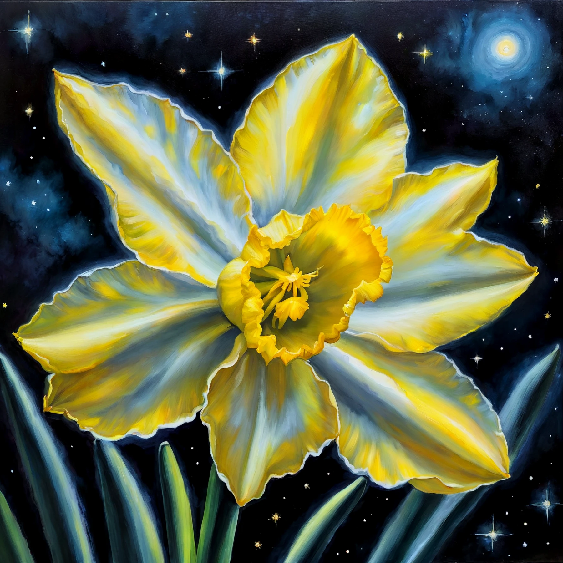 Closeup of a daffodil. Night sky.

<lora:NightCourt01_CE_SDXL:0.9> nghtcrtCE