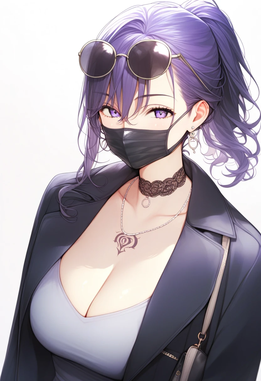 score_9, score_8_up, score_7_up, score_6_up, source_anime,<lora:DJC 0.1v:1>, DJC,
black face mask, 1girl, breasts, round sunglasses, cleavage, eyewear on head, mask, large breasts, jewelry, solo, mouth mask, looking at viewer, dress, necklace, white background, tattoo, purple hair, bag, jacket, bangs, earrings, handbag, open clothes, choker, ponytail, black jacket, open jacket, long hair, coat, collarbone, black mask, black coat, hair between eyes, grey dress, purple eyes, punk, chest tattoo, tattoo on one side of breast,