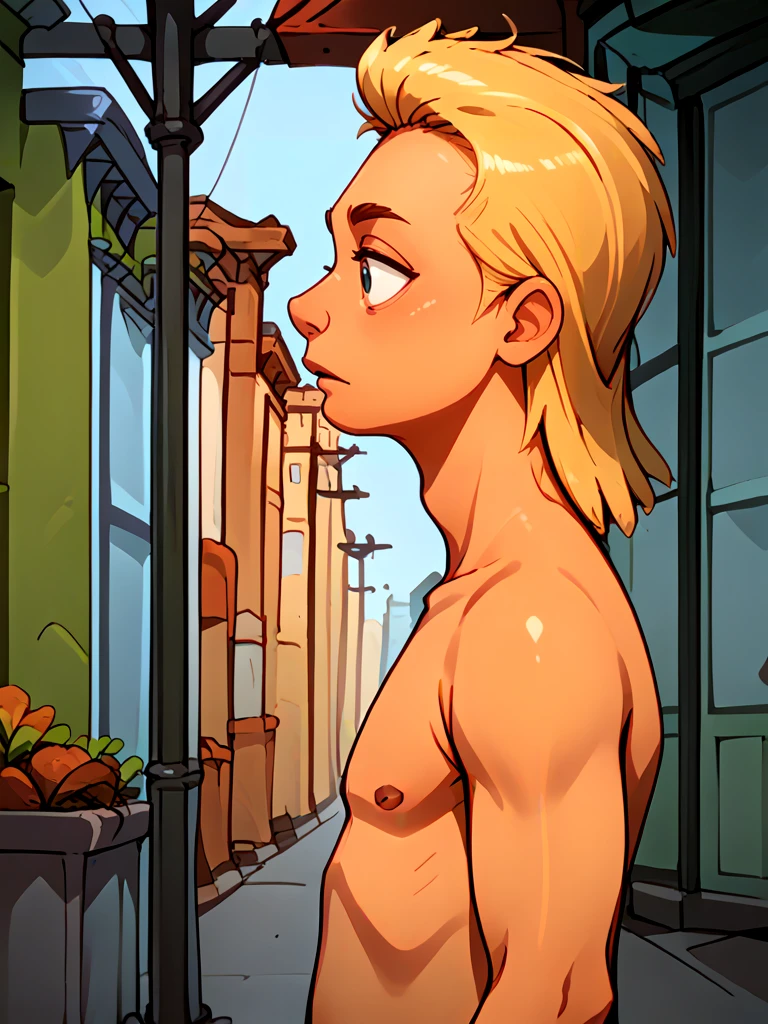 <lora:Speedo_Man_-_Bobs_Burgers:1.25> 1boy, blond hair, mullet, topless male, outdoors, street, portrait, side view, profile view,, source_cartoon, score_9, score_8_up, score_7_up,