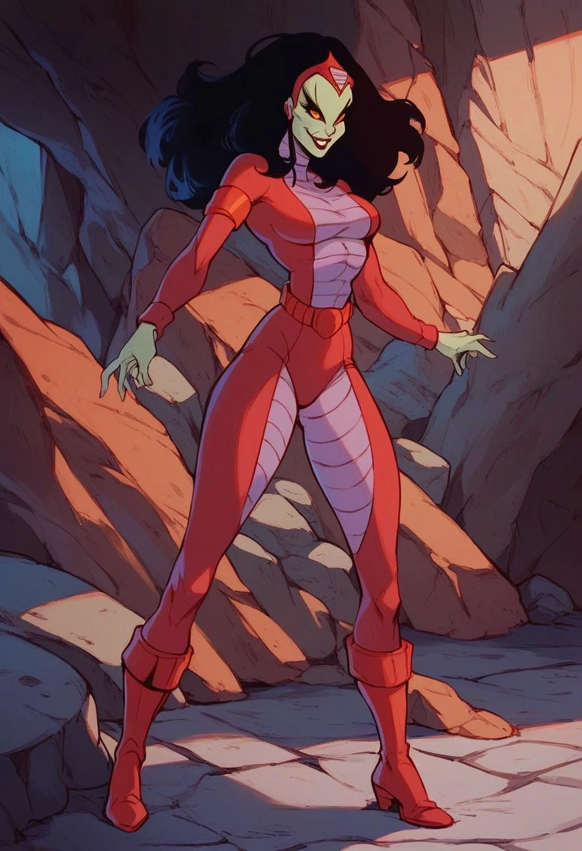 score_9, score_8_up, score_7_up, score_6_up, 1girl, solo, upper body shot, (Vipra), Black hair, red headpiece, bodysuit, red boots, sinister smile, standing on a rocky outcrop on a mysterious alien planet